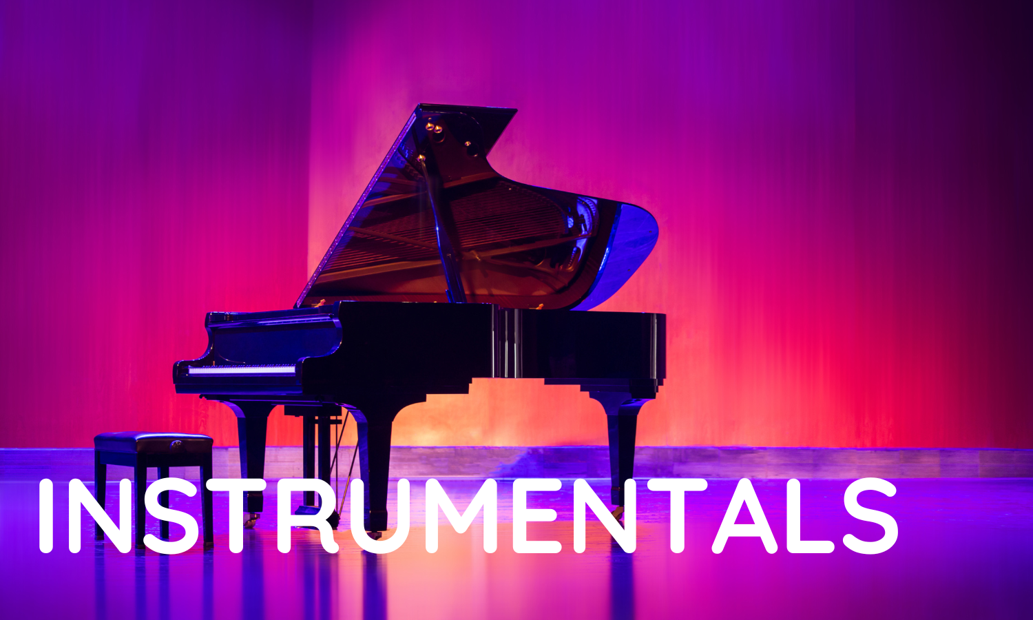Black grand piano on a stage with pink and purple lighting, with the word 'INSTRUMENTALS' in large white letters at the bottom.