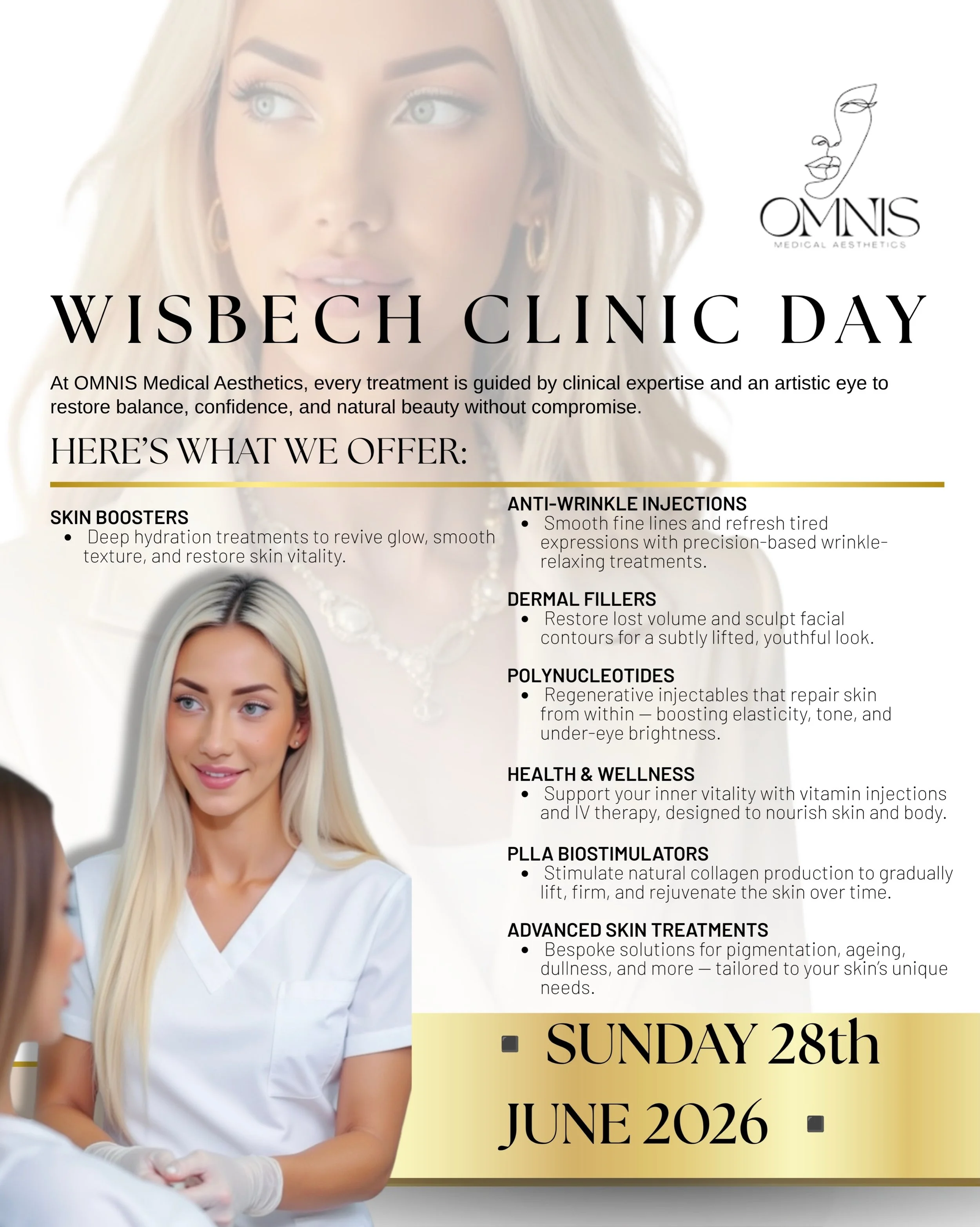 ▪️▪️▪️Save the date. 📍▪️▪️▪️
Wisbech Clinic Day &middot; Sunday 28th June 2026
Tox &middot; Filler &middot; Skin Boosters &middot; Polynucleotides &middot; Advanced Skin

📩 DM to book or link in bio 
See you soon xx