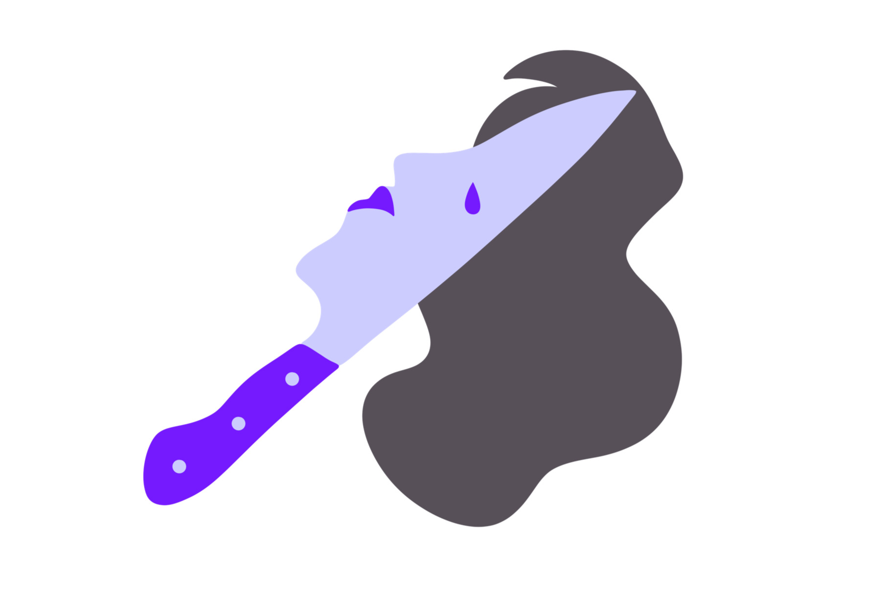 A cartoon illustration of a purple and white knife with a purple handle and a dark grey rock.