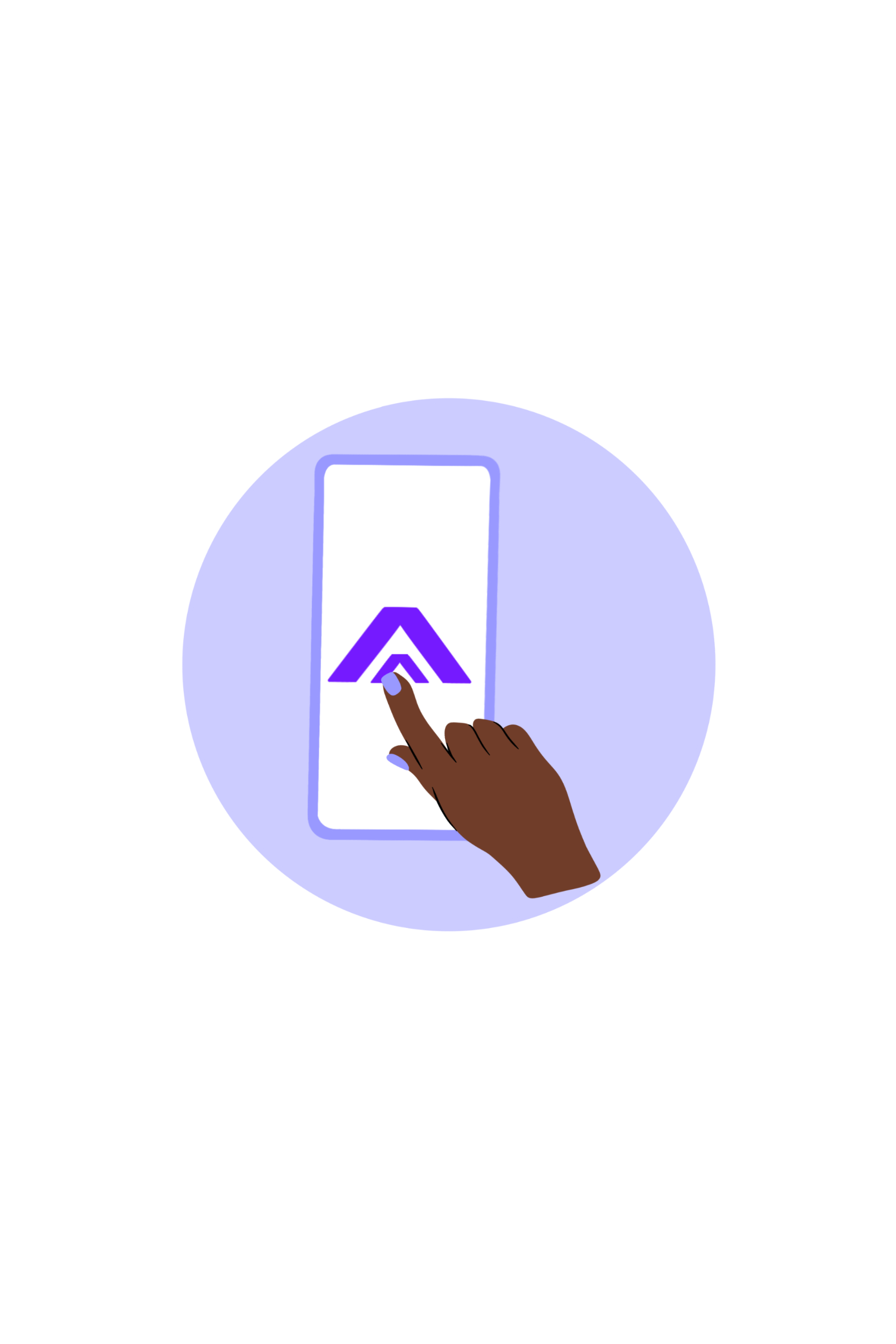 A person's hand with purple nail polish touching a smartphone screen displaying a purple arrow pointing downwards.