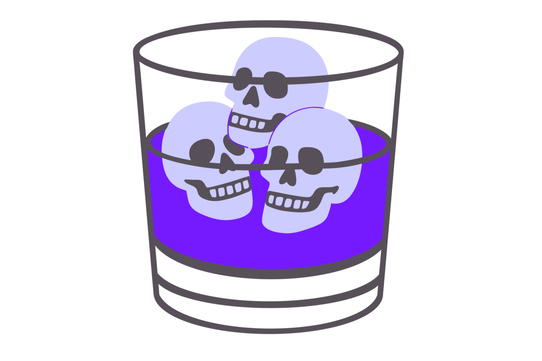 A glass of purple liquid containing three cartoon skulls with black sunglasses