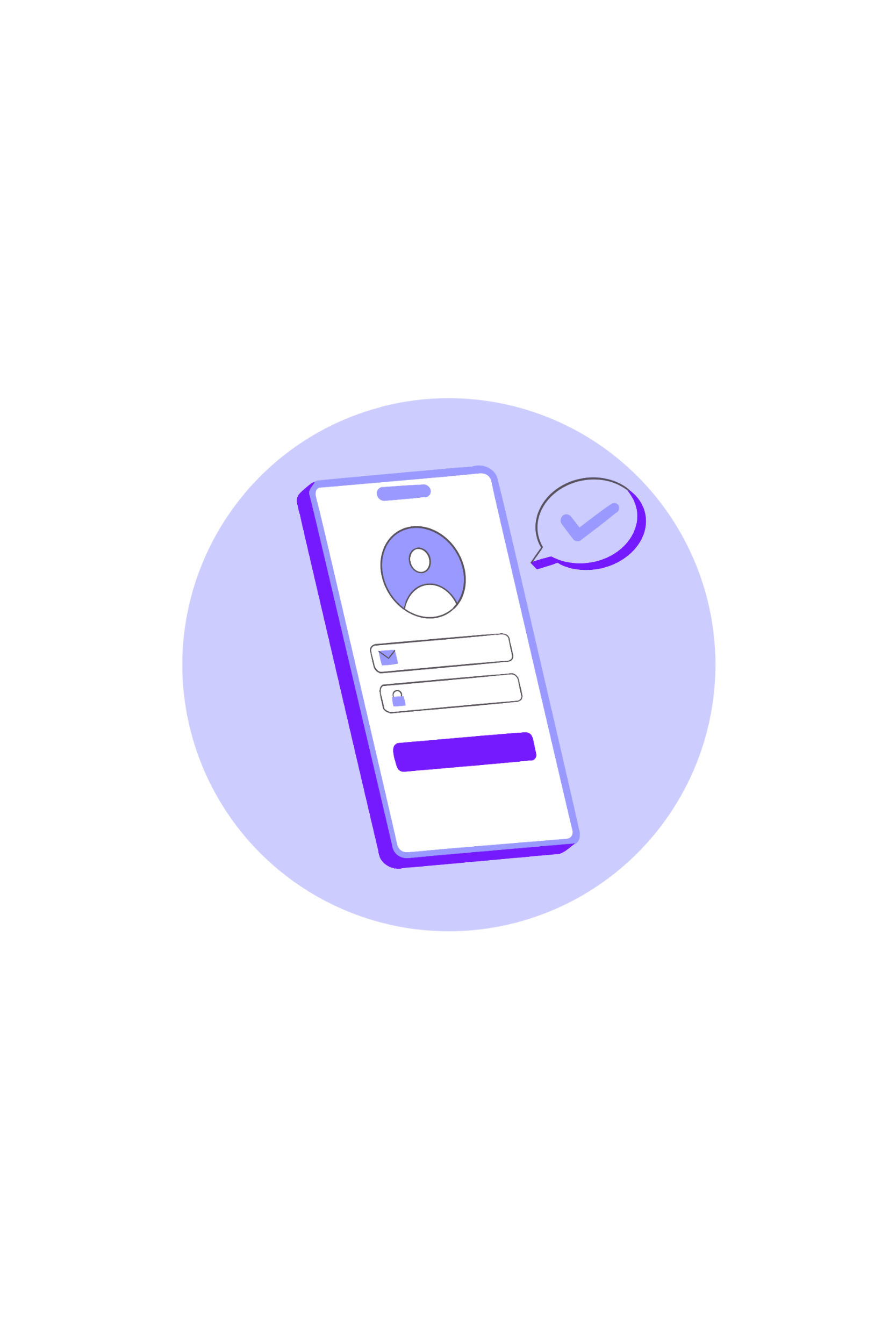 Illustration of a mobile phone displaying a user profile login screen with a profile icon, username and password fields, and a login button. There is also a speech bubble with a checkmark.