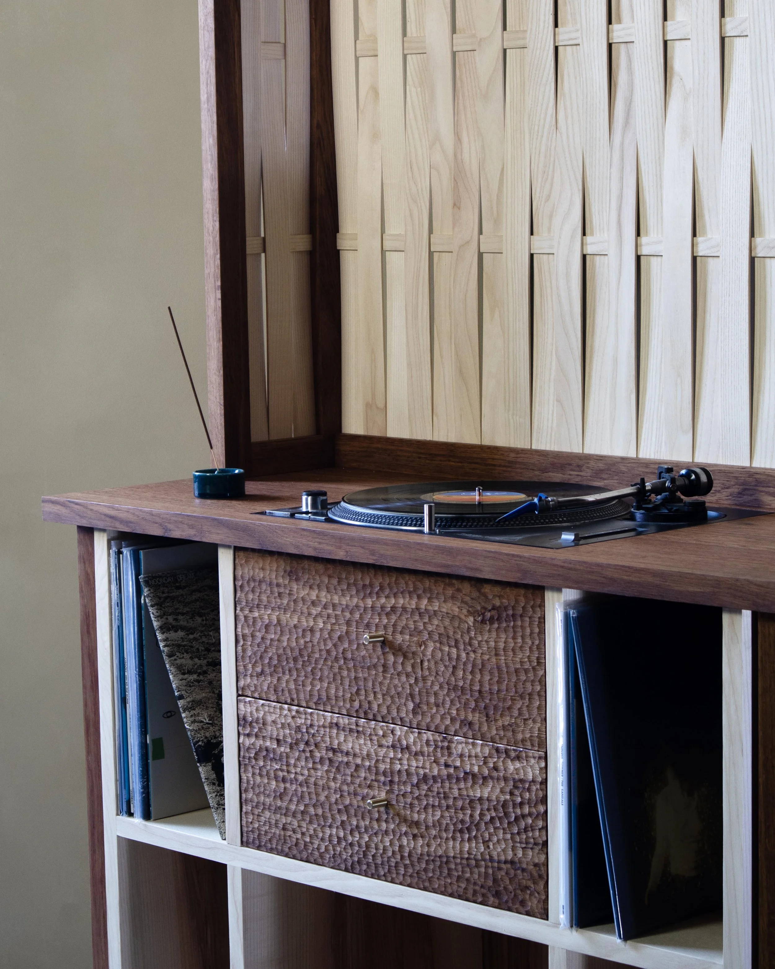 Handcrafted record cabinet made from British-grown brown oak and ash with chip-carved drawers and woven ash detailing