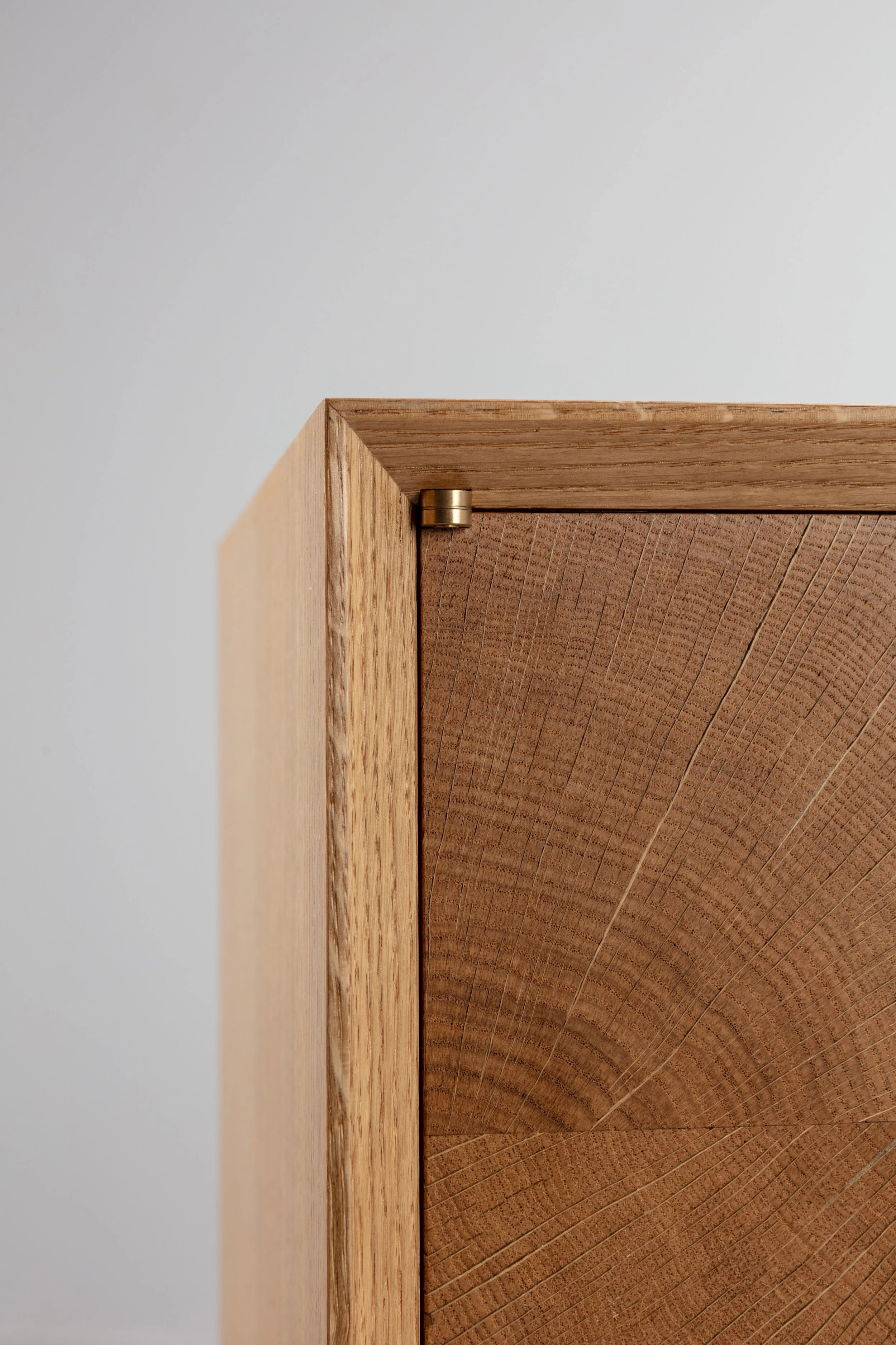 Oak end grain doors, brass door handle, and English walnut drawer fronts, Handmade oak sideboard. 