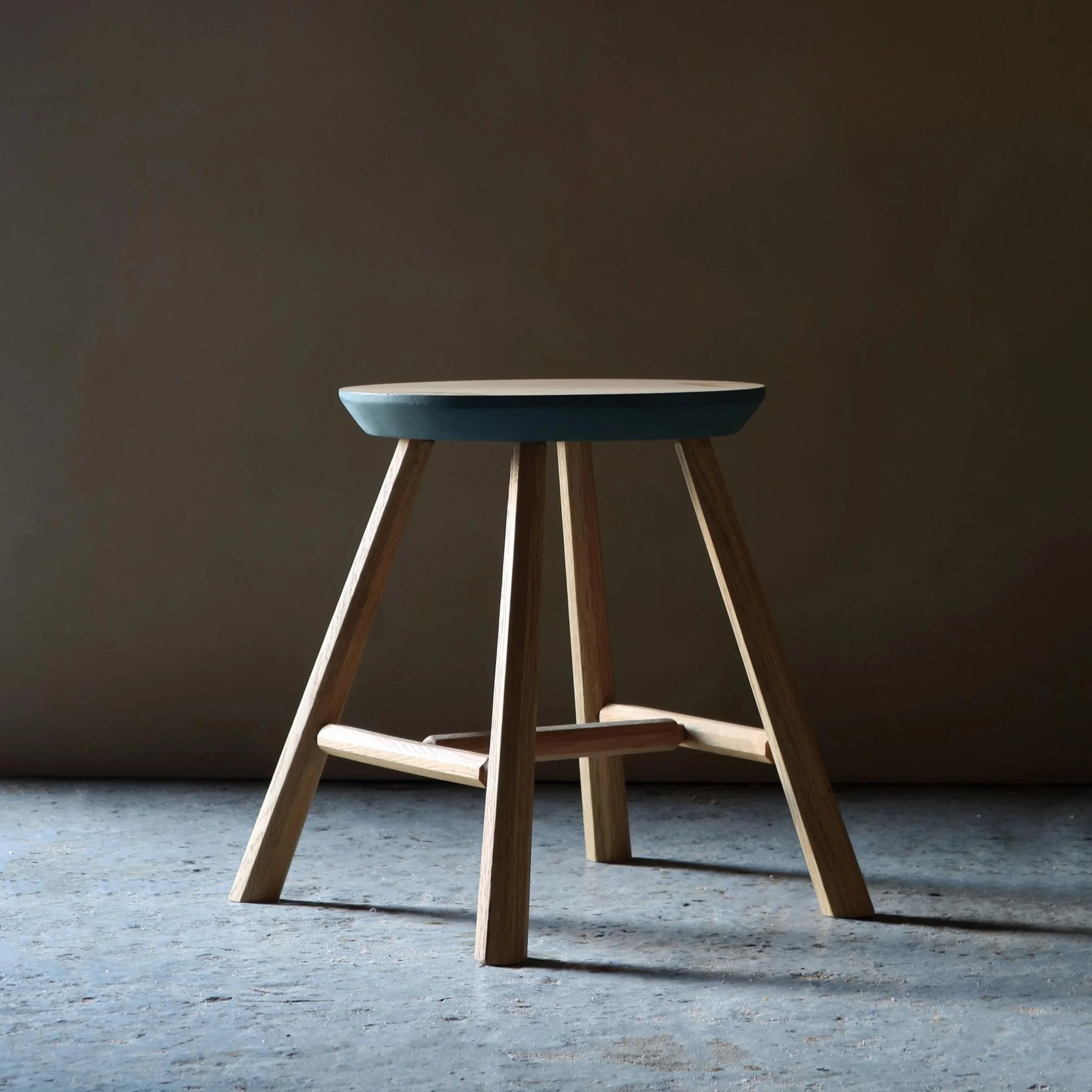 Low Staked Stool handcrafted from solid Oak with octagonal legs and traditional staked construction