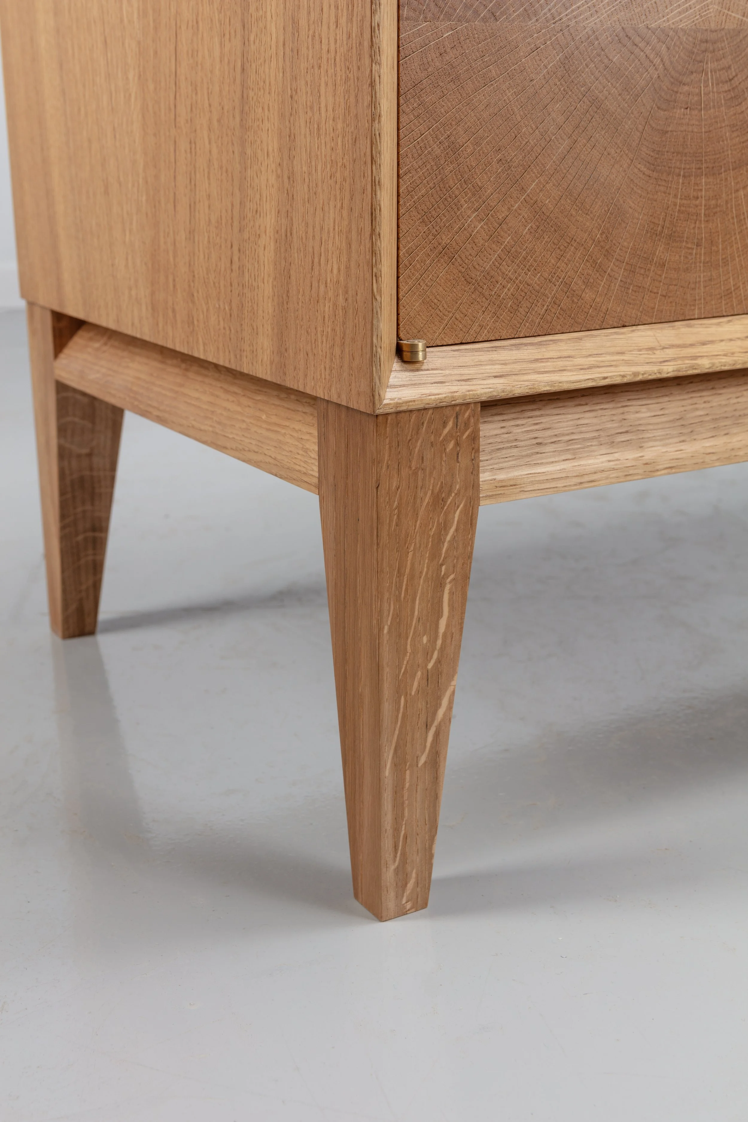 Oak end grain doors, brass door handle, and English walnut drawer fronts, Handmade oak sideboard, Tapered legs