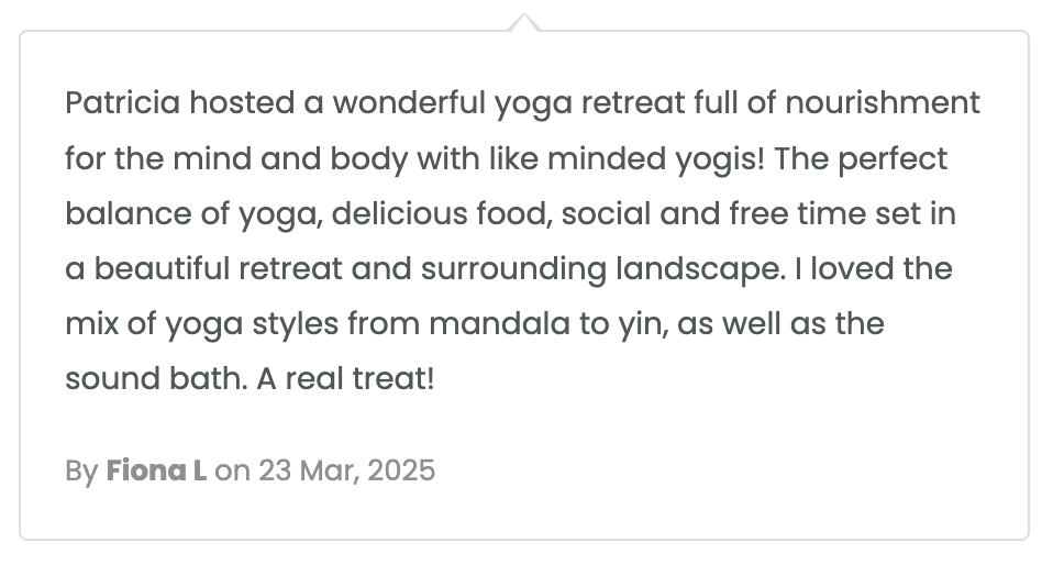 Testimonial about a yoga retreat emphasizing nourishment, mind-body balance, delicious food, social time, diverse yoga styles, and a peaceful landscape.