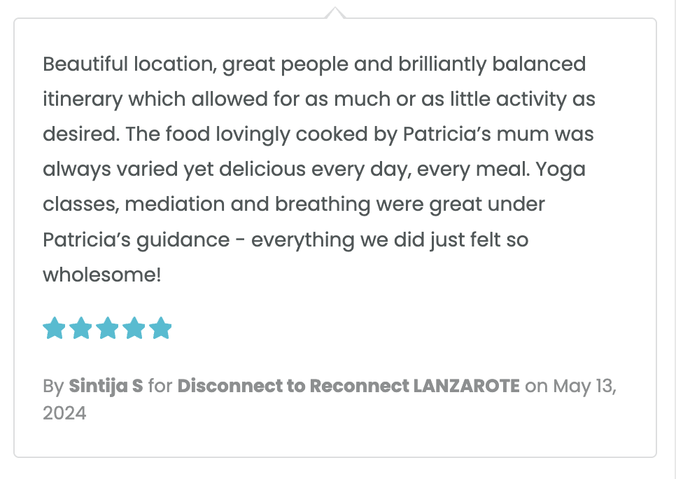 A five-star rating with a positive review of a location, mentioning good food, activities like yoga, meditation, and breathing classes, and praising the guidance of Patricia.