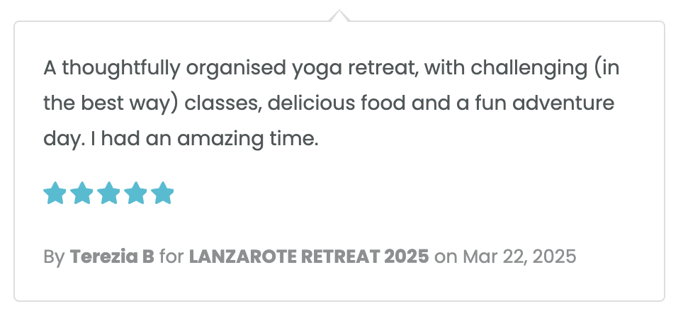 Screenshot of a positive review for a yoga retreat, mentioning organized classes, delicious food, and fun adventure days, with a five-star rating.