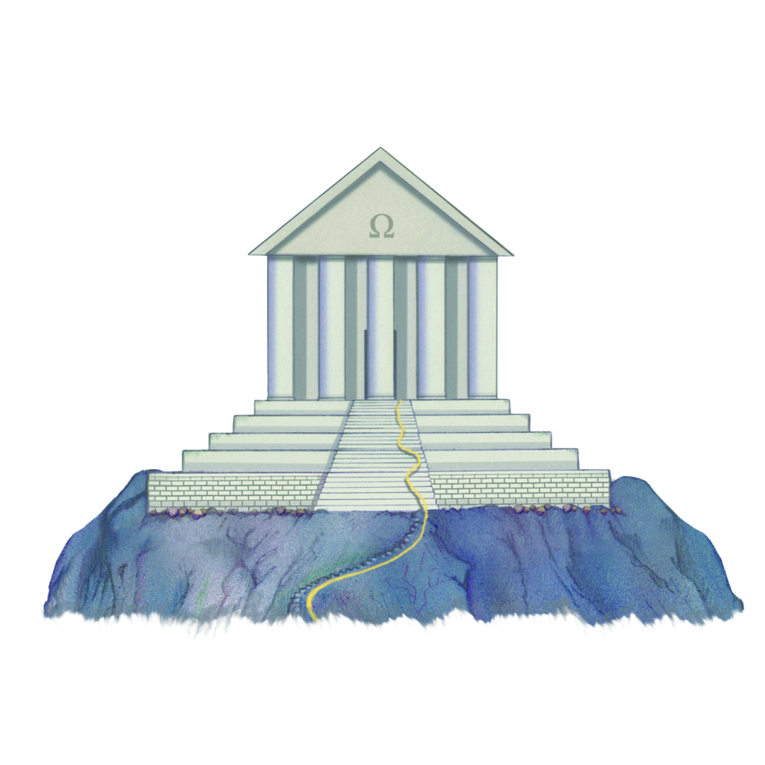 Diagram of an ancient Greek temple with steps leading to columns, built on a rocky hill with roots and underground water flow.