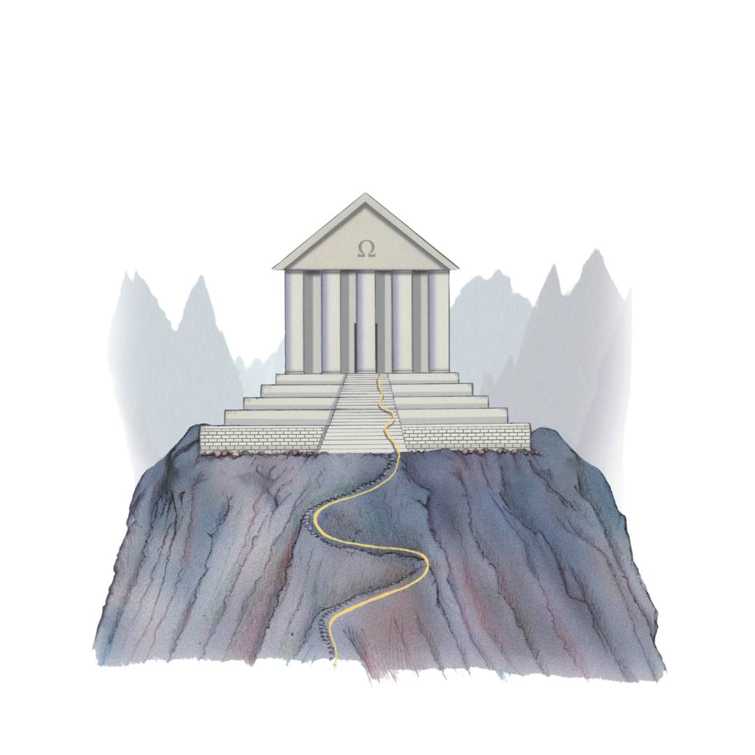 Illustration of Mount Olympus with a classical Greek temple at the summit, stairs leading up, and mountains in the background.