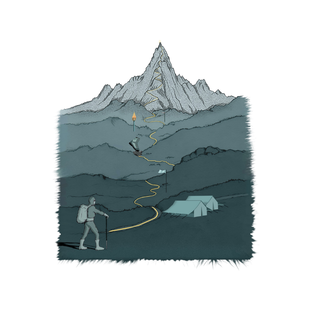 Hiker walking on a mountain trail towards a campsite and a mountain peak in the distance.