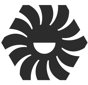 Black and white graphic of a stylized flower or sunburst with a semi-circular shape in the center surrounded by petal-like shapes.