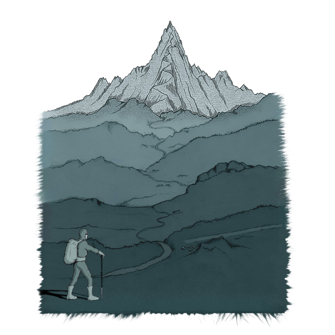 Illustration of a hiker with a backpack and walking stick trekking through a mountainous landscape with a large mountain range in the background and valleys and rivers in the foreground.