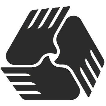 Simplified black icon of three hands joined together in a circle, symbolizing unity and teamwork.