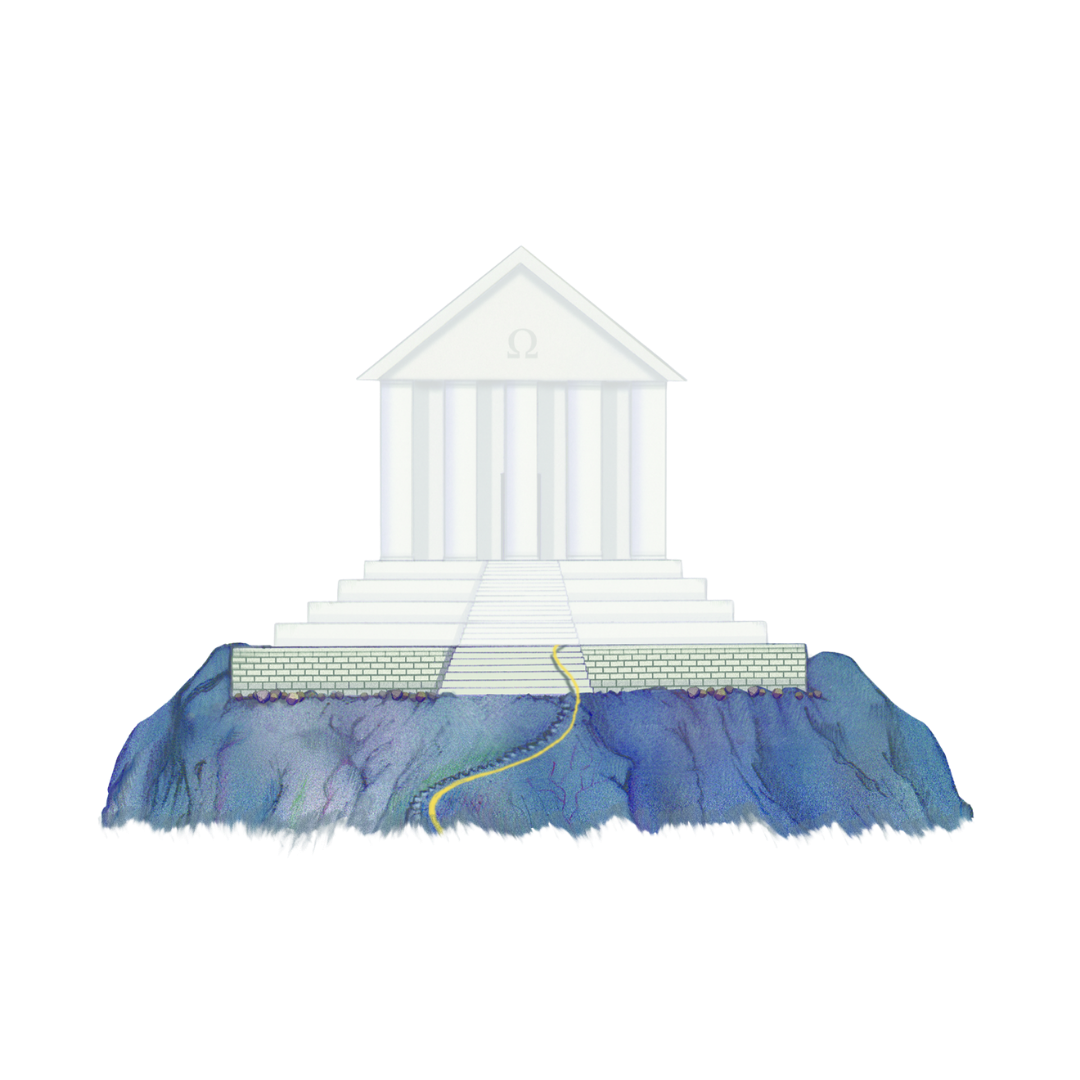 Illustration of a Greek-style temple with steps and columns, built on rocky terrain with a pathway leading up to it.