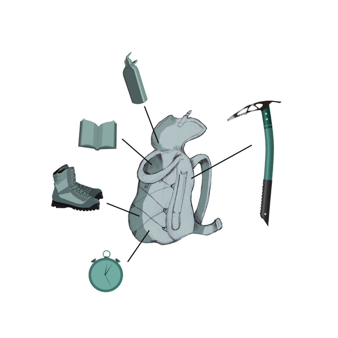 Illustration of outdoor hiking gear including a backpack, a hat, a walking stick, a clock, a book, a shoe, and a water bottle.