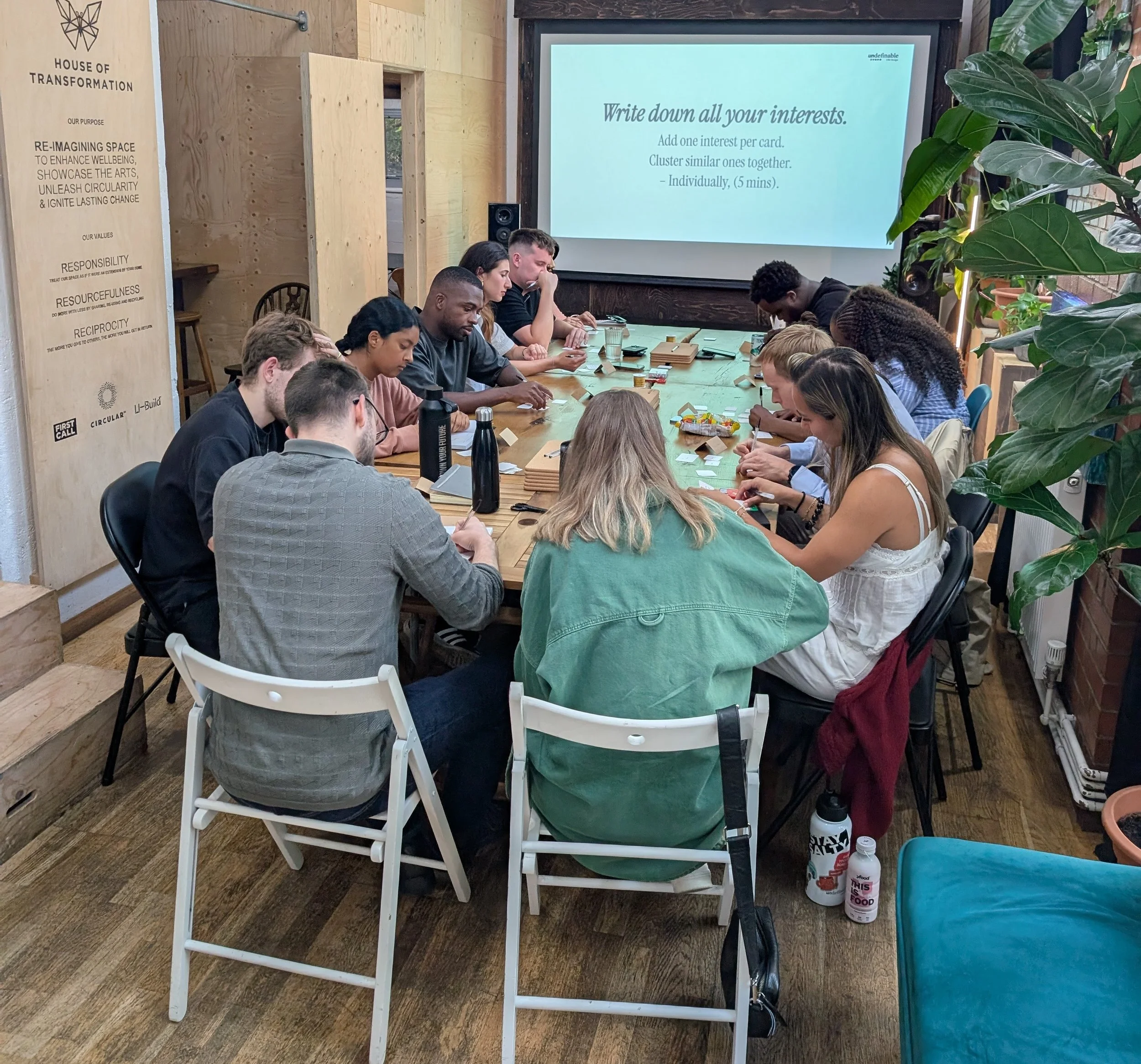 A group of diverse people seated around a wooden table in a room, engaged in a team activity. A large screen displays instructions about writing down interests. The room has wooden walls, green plants, and motivational posters.