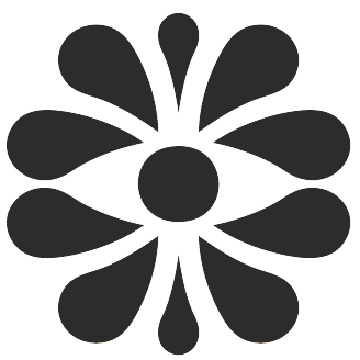Black floral design with a central circle and petal-like shapes radiating outward.