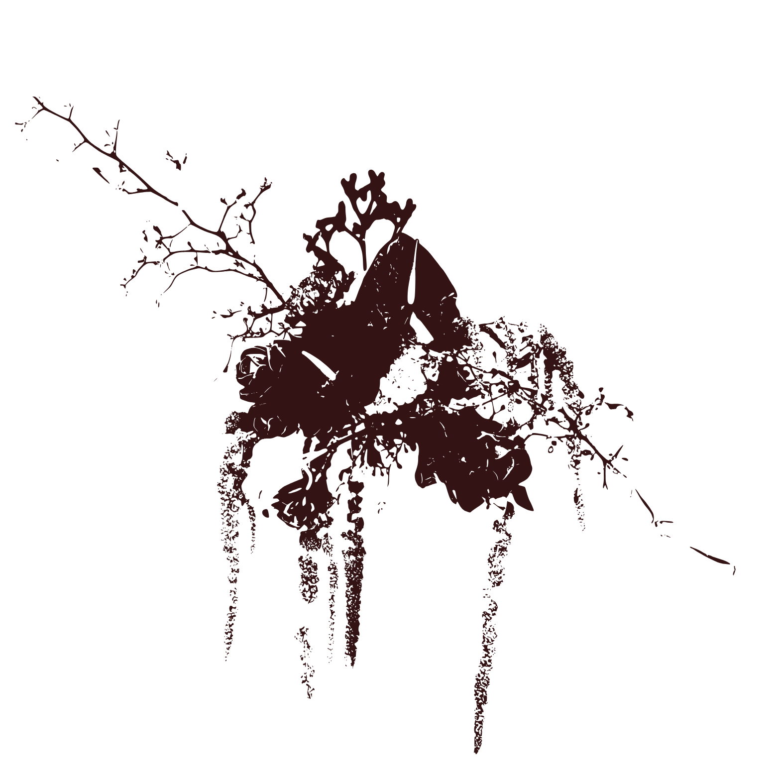 Dark silhouette of a butterfly resting on a branch with leaves and flowers, with paint drips underneath.