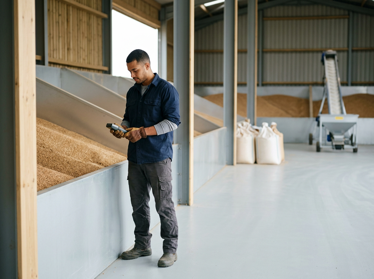A man wearing work gloves looking at a handheld device inside a barn or storage facility with bags of grain or feed and a conveyor in the background.