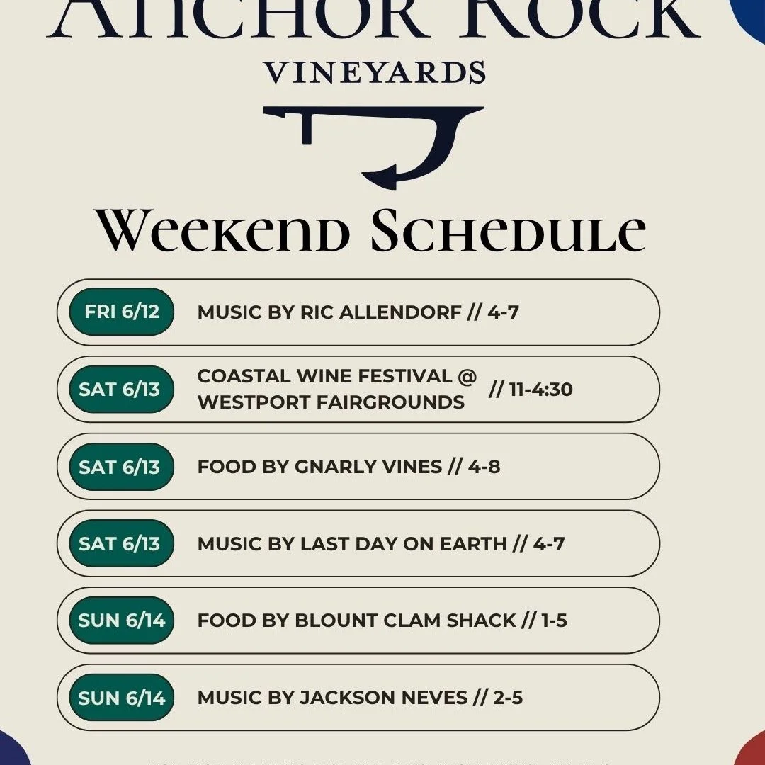 We have a full schedule of music and food this weekend at Anchor Rock Vineyards. Friday we have music from @ricallendorf. On Saturday we have music from @lastdayonearthmusic with food by @gnarlyvinesfarm. Sunday we have music from @jacksonnevesmusic 