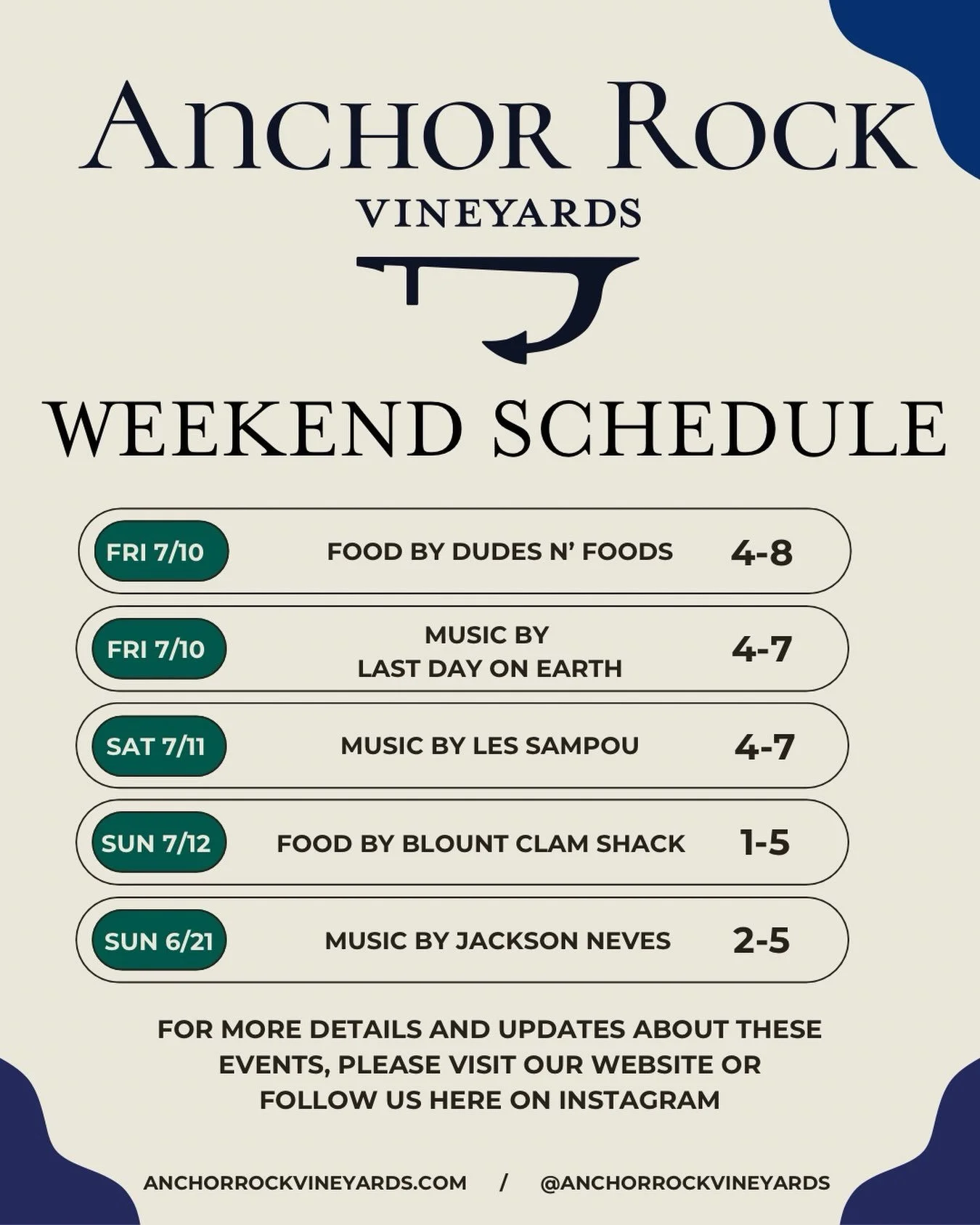 We are welcoming back a number of friends this weekend.  The weather looks great&mdash;if you&rsquo;ve visited and enjoyed yourself tell a friend.  If you haven&rsquo;t been to ARV yet, make sure you get a seat before we fill up!

This Friday we have