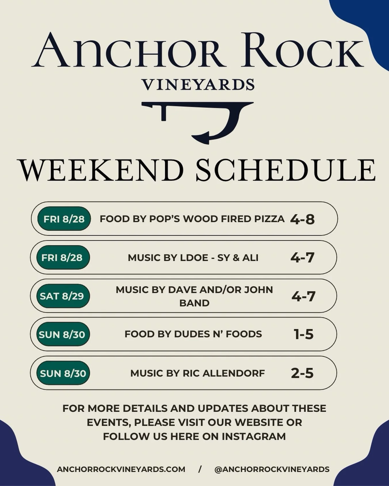 Check out this weekend&rsquo;s lineup.  On Friday, we have @popsmobilebrickovenpizza with music by LDOE led by @syyules.

On Saturday we have @davealvesmusic, but no food truck, so feel free to bring your own pizza, sandwiches, or cheese and crackers