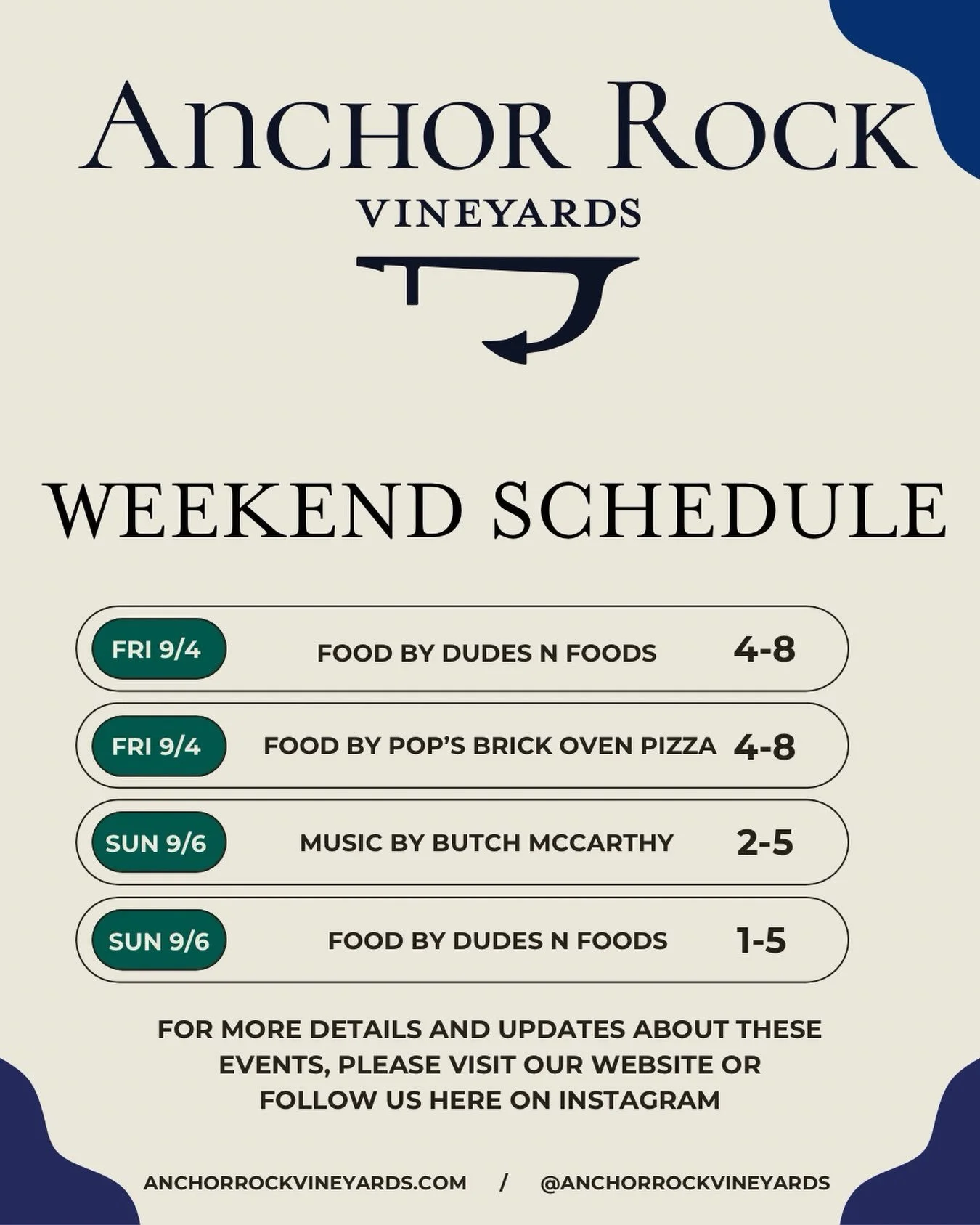 The summer continues at ARV this weekend. 

This Friday we have @popsmobilebrickovenpizza and @dudesn_foods.

This Saturday please feel free to bring your own food, as you enjoy the weather and a glass of Cuttyhunk.

On Sunday, @dudesn_foods is back 