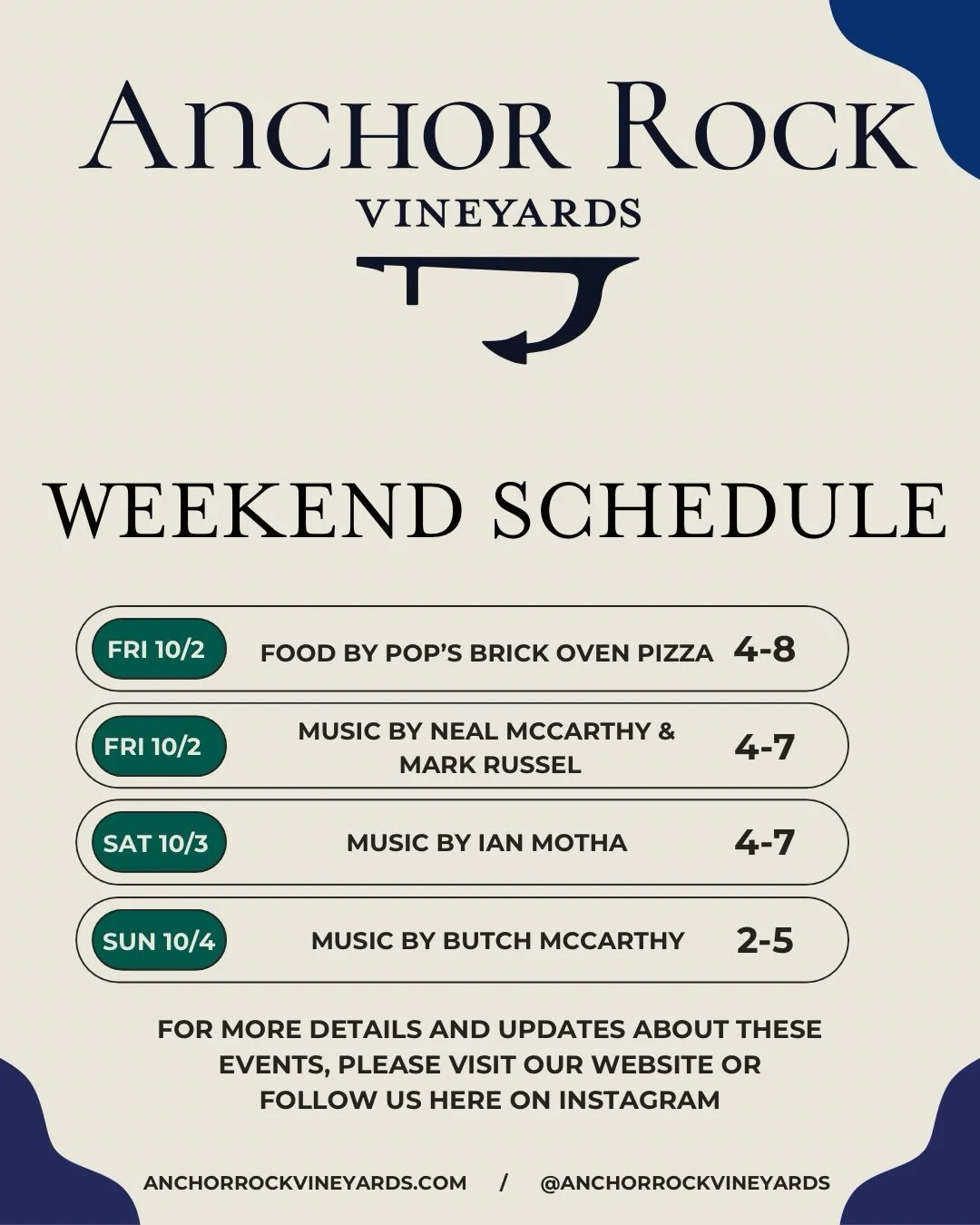Great weekend at Anchor Rock&mdash;sun&rsquo;s out, harvest is happening, we have great wine harvest specials, and great music!

Friday&mdash;pleased to welcome Neal McCarthy and Mark Russel for the first time!  Dinner is  done w/ pizza from @popsmob