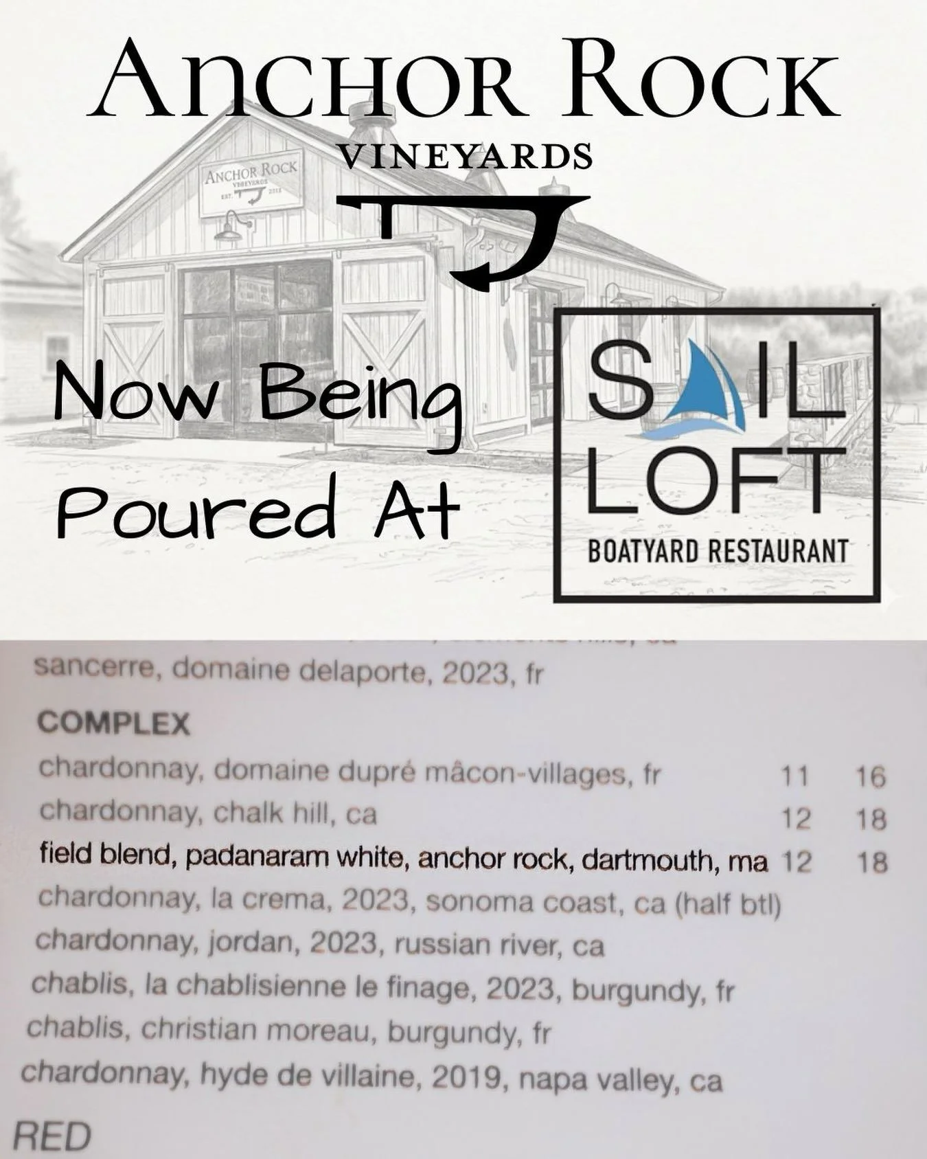 We are very pleased to share that Anchor Rock&rsquo;s Padanaram White is available by the glass and bottle&mdash;in Padanaram @sailloftdartmouth.  This Chardonnay driven estate white blend is one of the best wines we have made!

If you have never hea