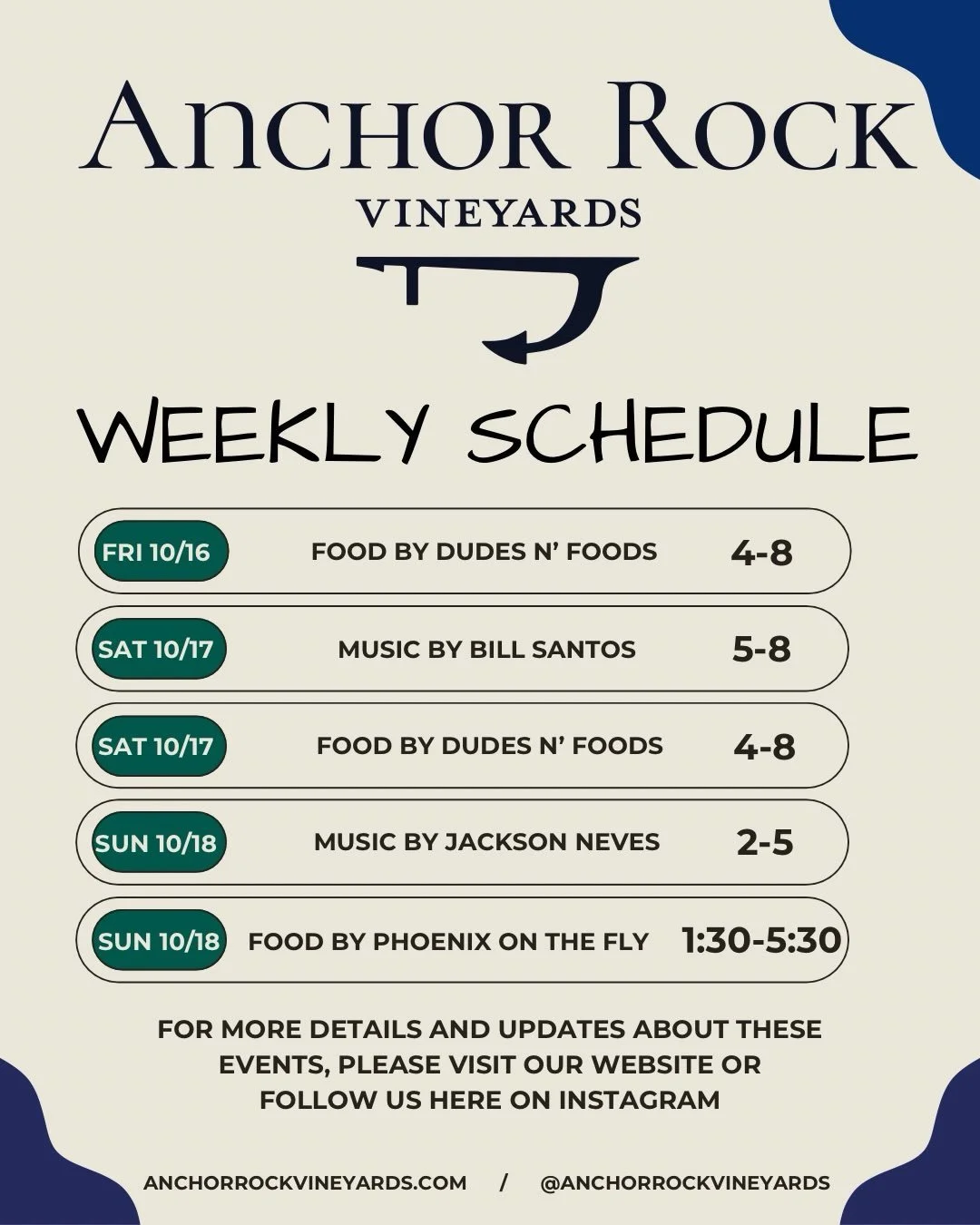 Run, don&rsquo;t tip toe to Anchor Rock this weekend.

Friday&mdash;pair your Cuttyhunk White with food from @dudesn_foods 

Saturday&mdash; @dudesn_foods is back with music from our buddy Bill Santos 

Sunday&mdash; @jacksonnevesmusic is playing a g