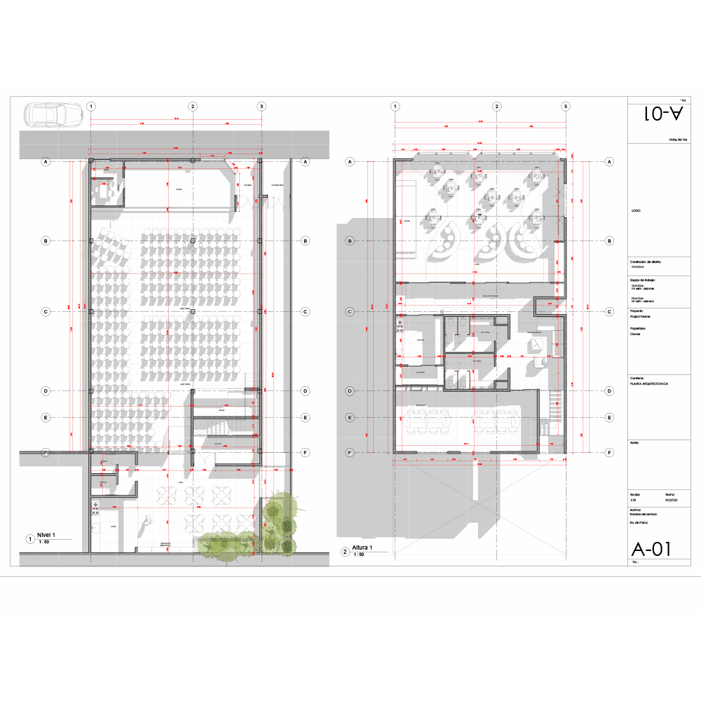Plano arquitectónico de un edificio con distribución de espacios, incluyendo una sala de conferencias, oficinas y áreas de servicio.