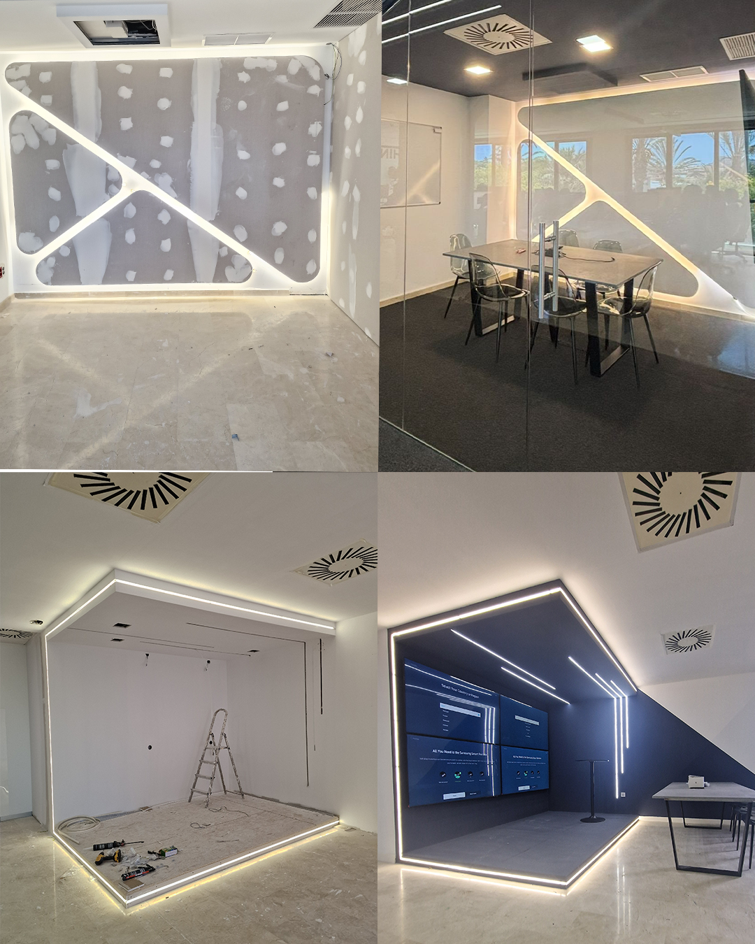 Cuatro imágenes de una oficina moderna en diferentes etapas de construcción con paredes decorativas de luz LED y tecnología avanzada.