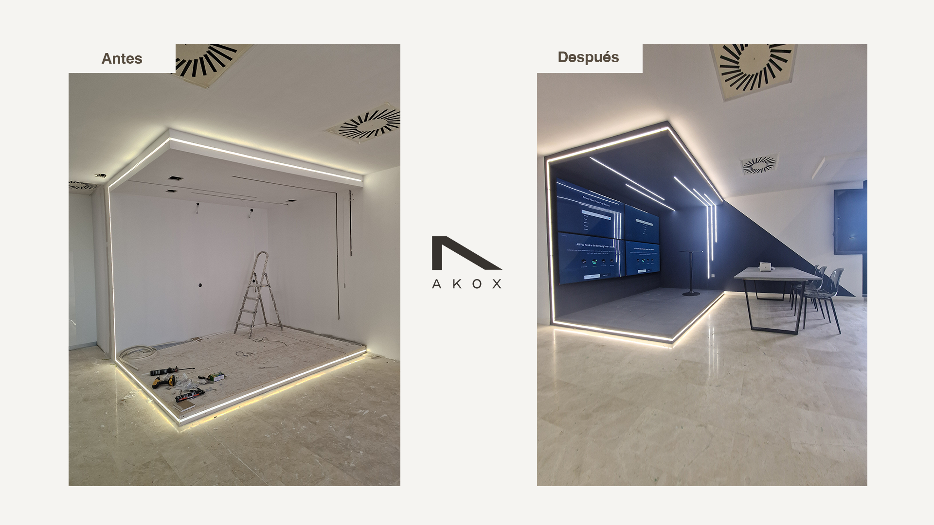 Transformación de un espacio de oficina con iluminación LED: en la izquierda, una habitación vacía con paredes blancas, suelo de baldosa y lámparas en el techo; en la derecha, el mismo espacio decorado con paneles oscuros, pantallas digitales y muebles modernos, con iluminación LED decorativa en el techo y en la esquina.