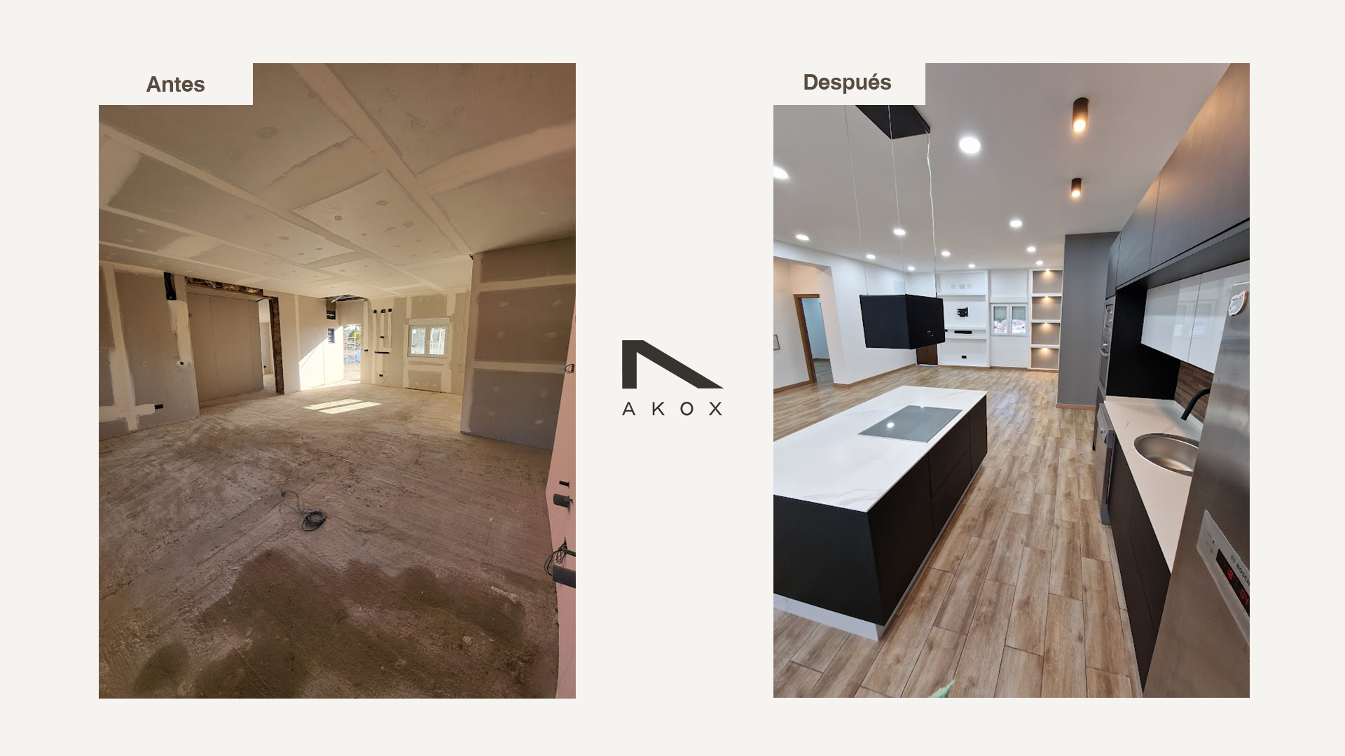 Imagen comparativa del estado de una sala de construcción en progreso y su estado terminado con interiores modernizados y decoración.