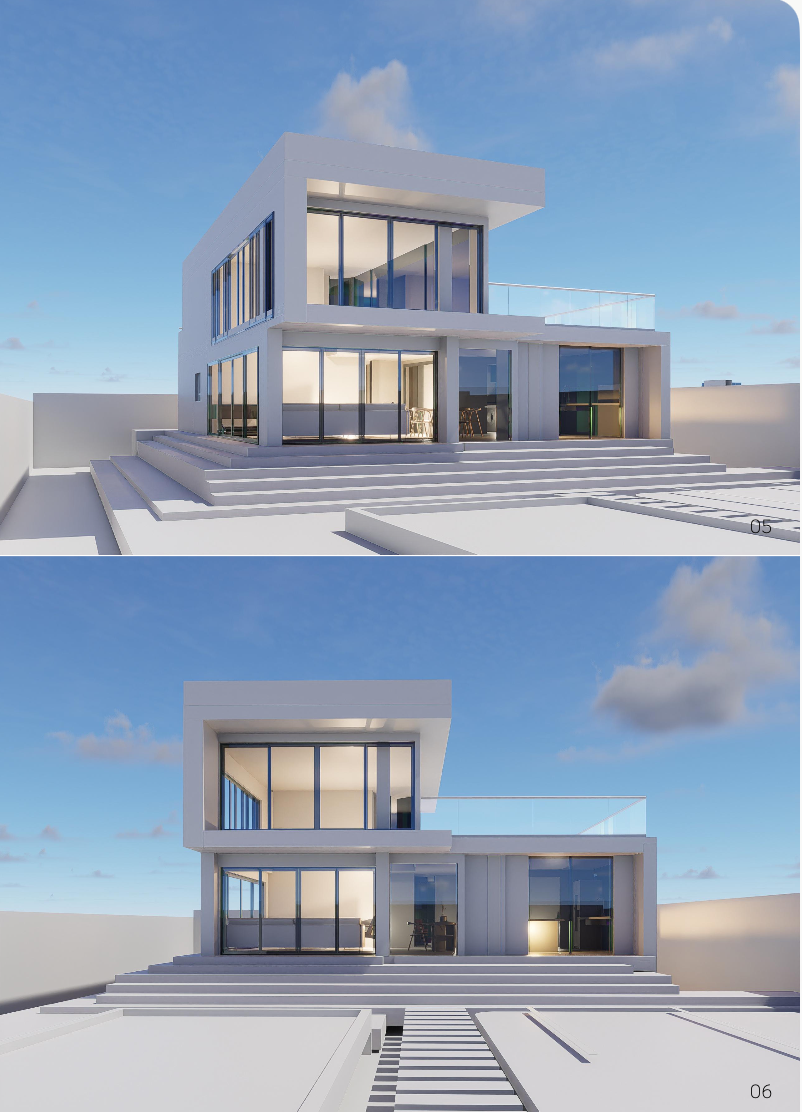 Edificio residencial moderno de dos pisos con amplias ventanas de vidrio y terraza en el segundo piso, en un entorno despejado con cielo azul y algunas nubes.
