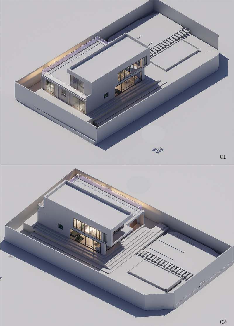 Modelo digital de una casa moderna con patios y escaleras exteriores desde diferentes ángulos.