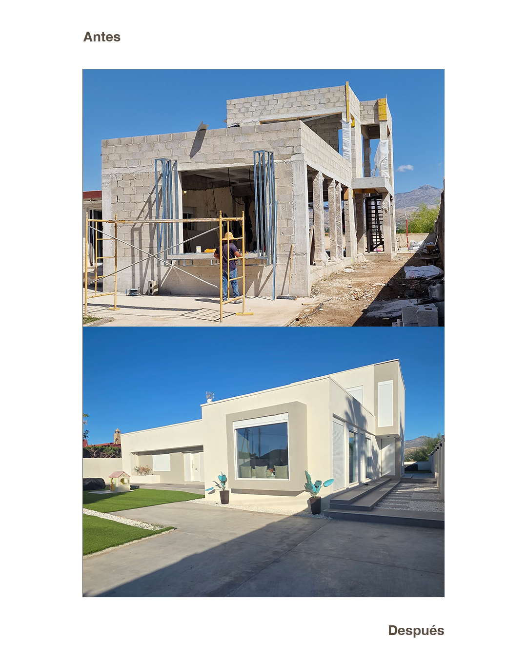 Transformación de una casa en construcción a una casa moderna terminada, mostrando antes y después.
