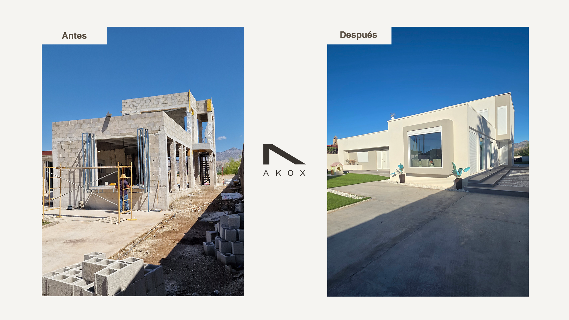 Comparación de una casa en construcción y una casa terminada, mostrando el progreso en la construcción de un inmueble.