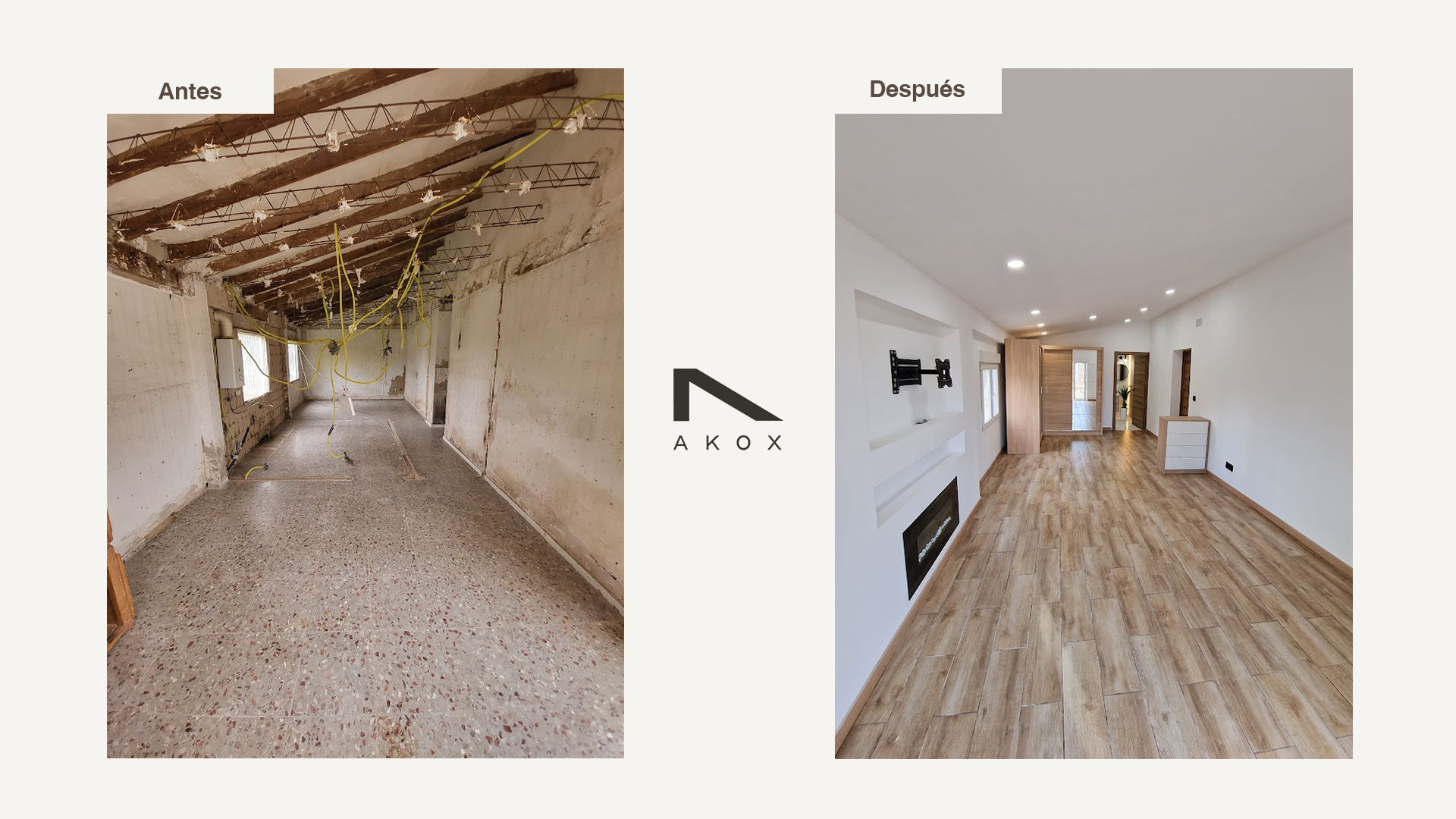 Antes y después de una renovación de interior en una sala. La imagen izquierda muestra un espacio en construcción con cables y paredes dañadas, y la derecha muestra la misma sala remodelada con paredes blancas, piso de madera y luces empotradas en el techo.