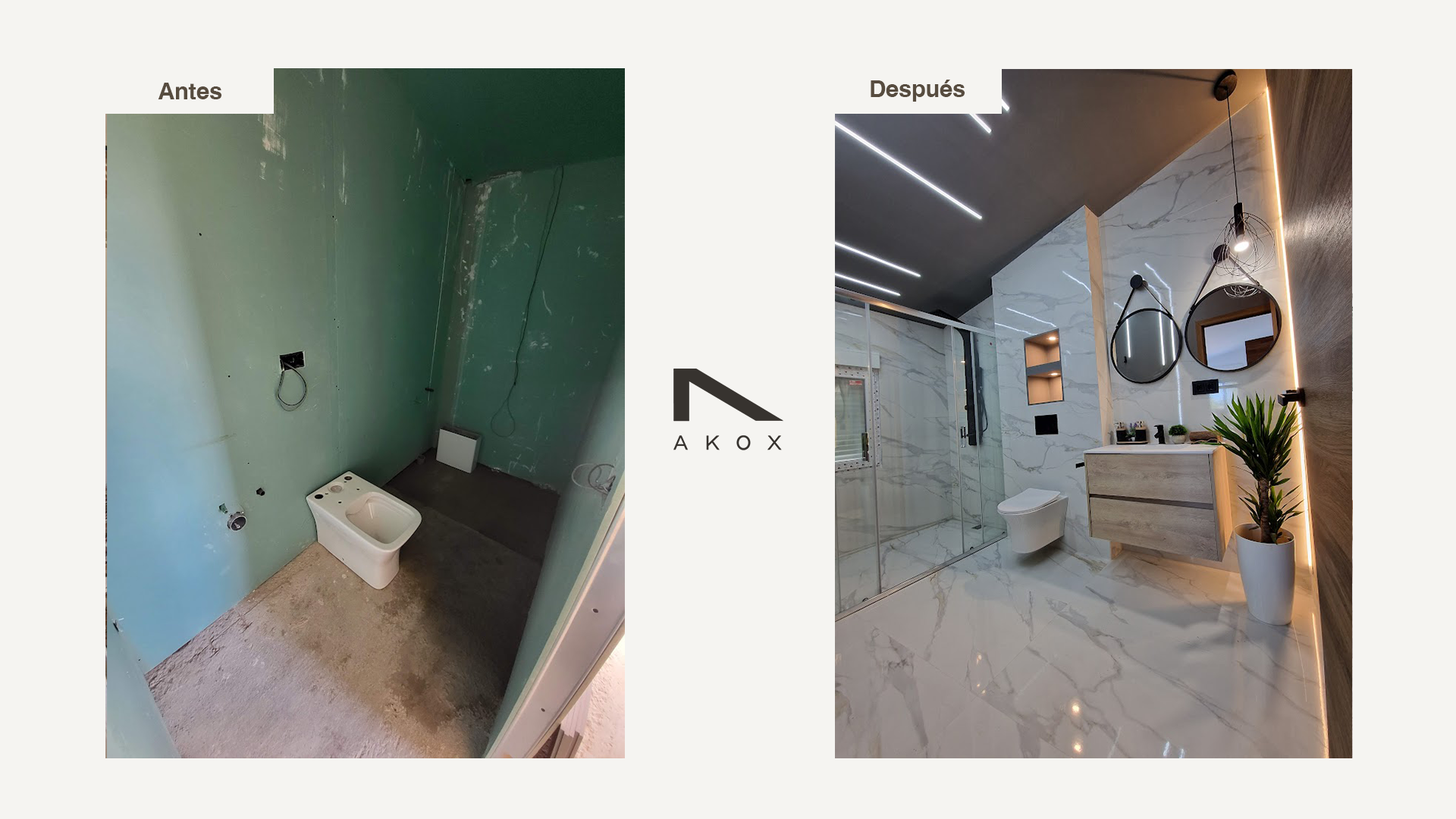 Antes: habitación en construcción con paredes verdes y accesorios básicos de baño. Después: baño moderno con paredes de mármol, espejo, iluminación LED, ducha de cristal y planta decorativa.
