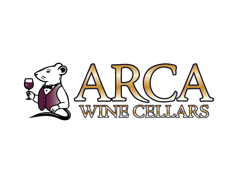 Logo for ARCA Wine Cellars featuring a cartoon mouse holding a glass of red wine, wearing a wine steward's vest and bowtie, with the text "ARCA WINE CELLARS" stylized prominently.