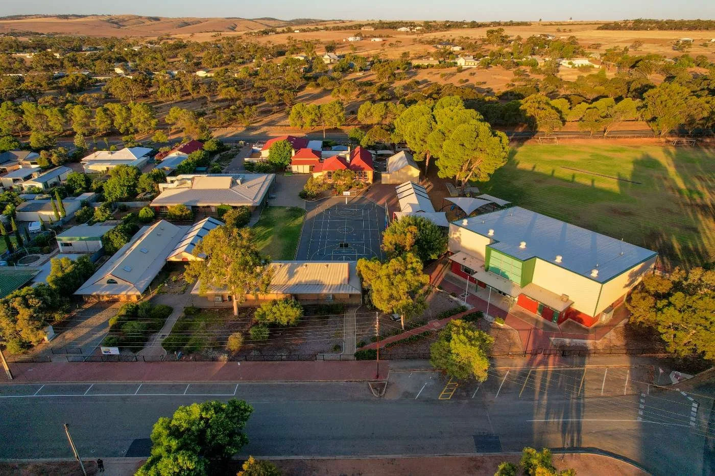 Birds eye view of the crystal brook school and oval