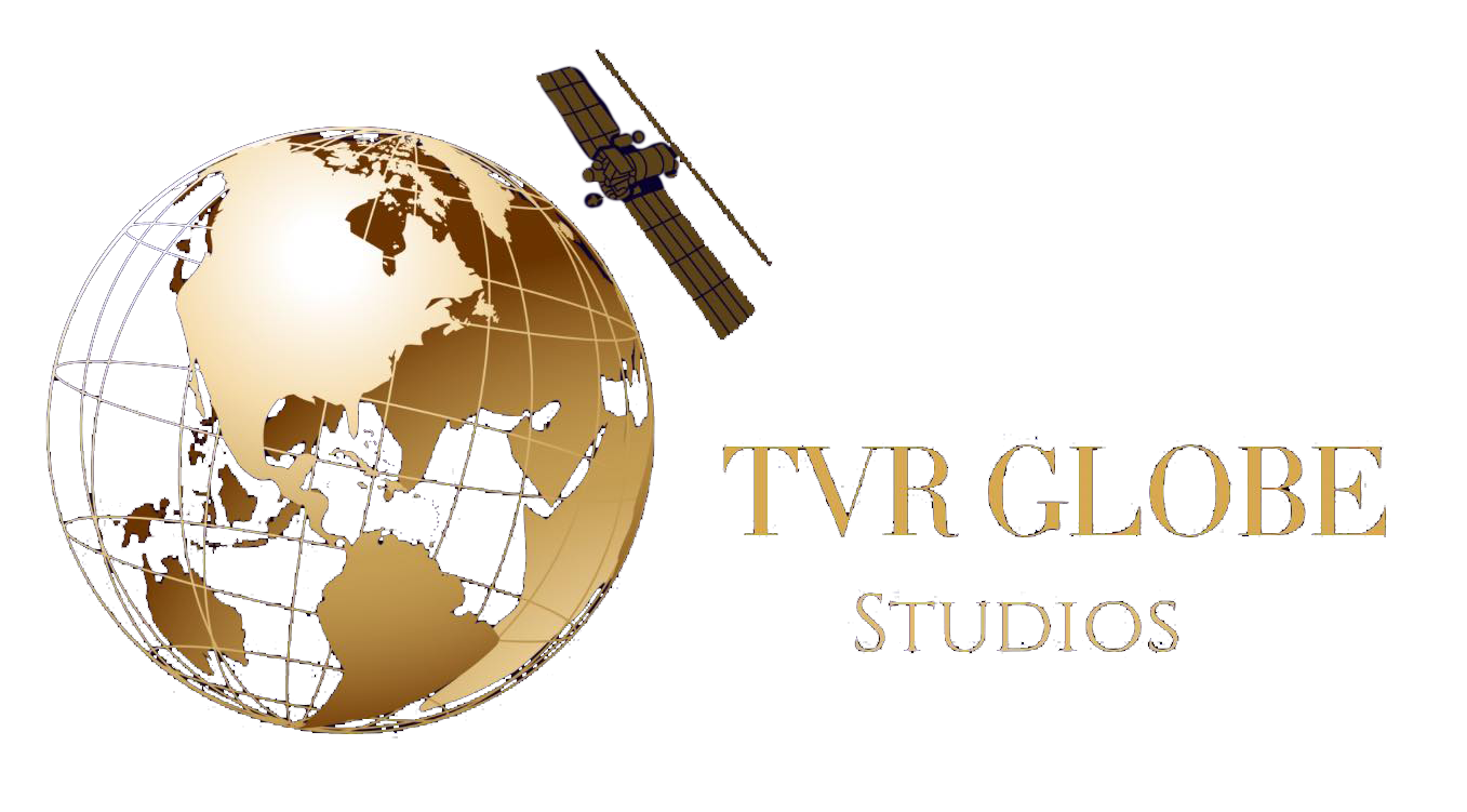Guldfärgad jordglob med satellit runt den och solpaneler i bakgrunden, texten 'TVR GLOBE STUDIOS' i guldfärg samt 'STUDIOS' i mindre storlek.