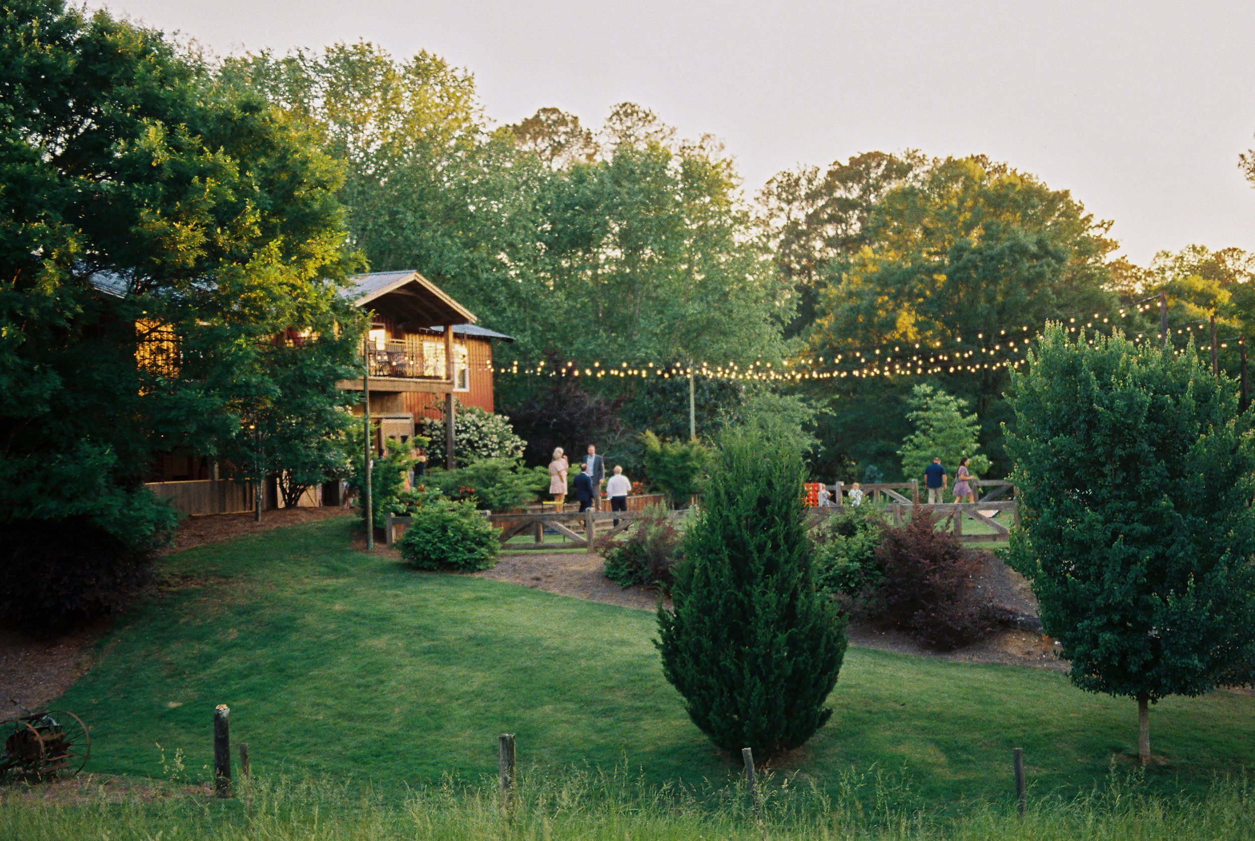 Wide dusk view of the venue's wooden lodge and lawn strung with string lights, guests gathered in the distance