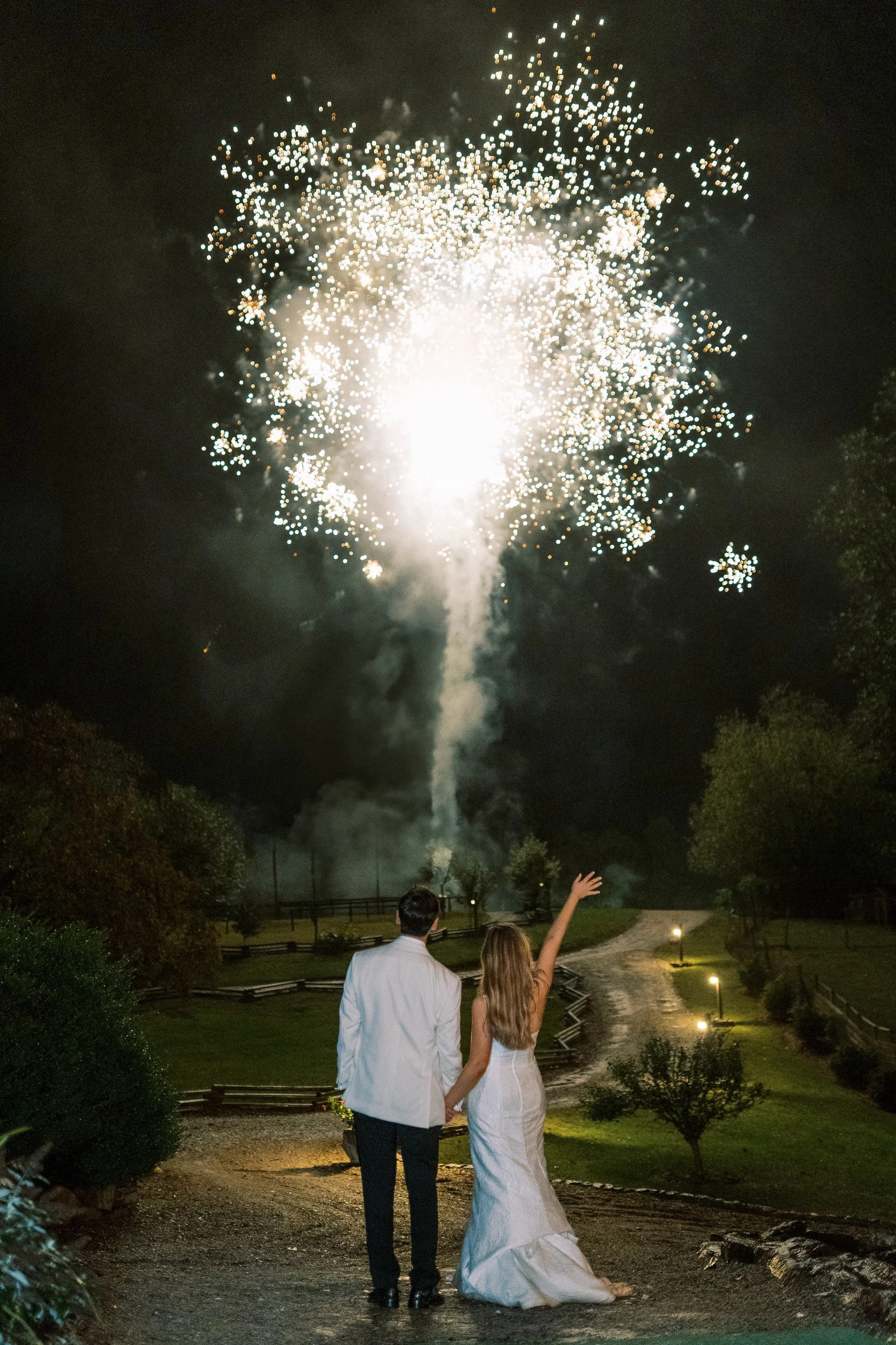 Bride and groom watching a firework display at night