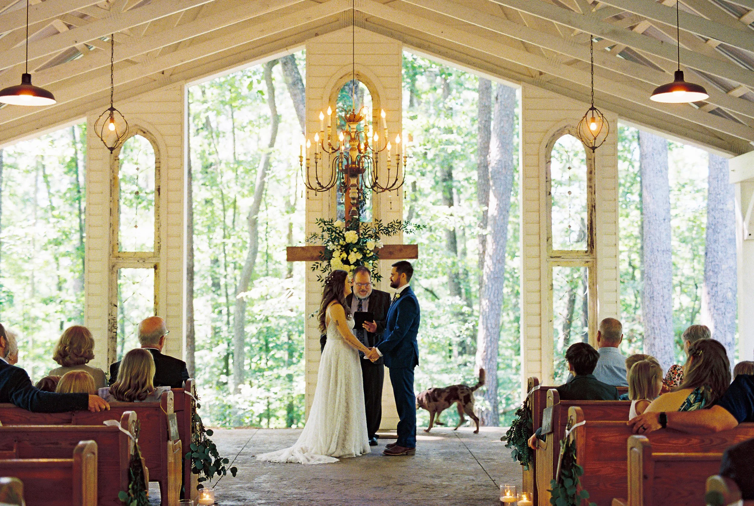 Wide view of the wedding ceremony from the back of the venue, with guests seated in pews as the bride and groom exchange vows with the officiant beneath the chandelier, Dakota the dog nearby