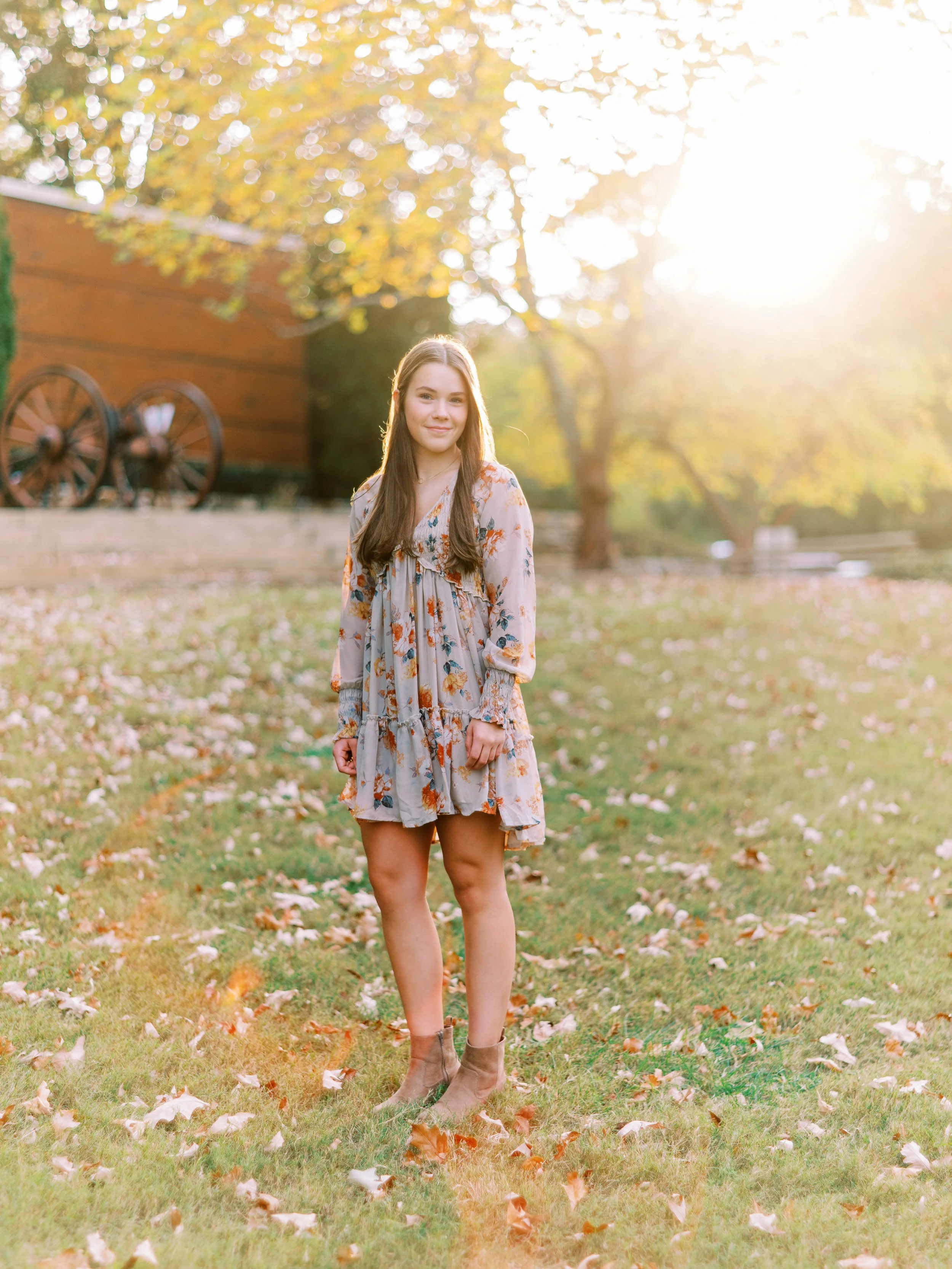 Senior portrait of Hannah in a floral dress at Kennesaw Mountain Battlefield Park in Kennesaw, Georgia