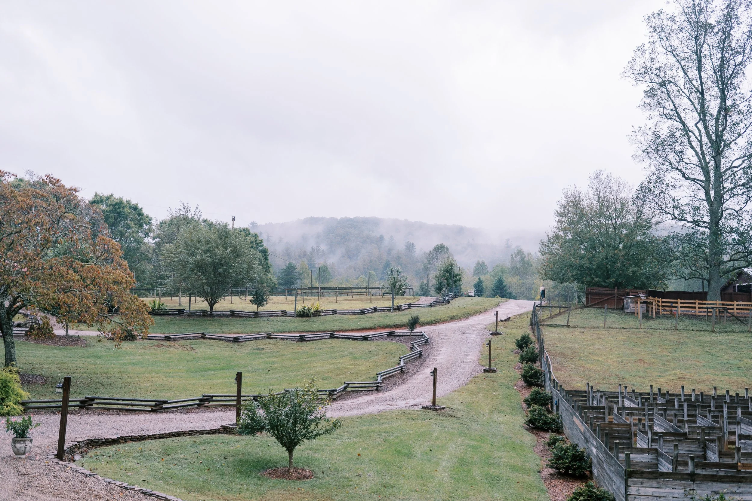 Southern Tree Plantation venue grounds with driveway and misty mountain backdrop